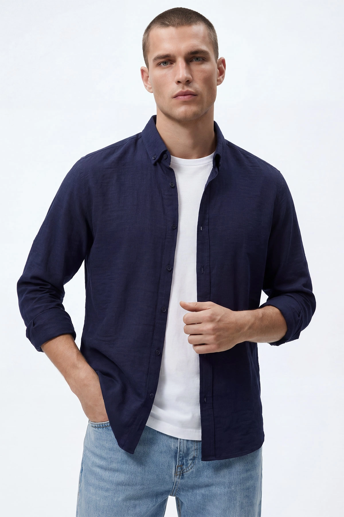 Lacivert Relaxed Fit Keten Ata Yaka Erkek Gömlek 435842