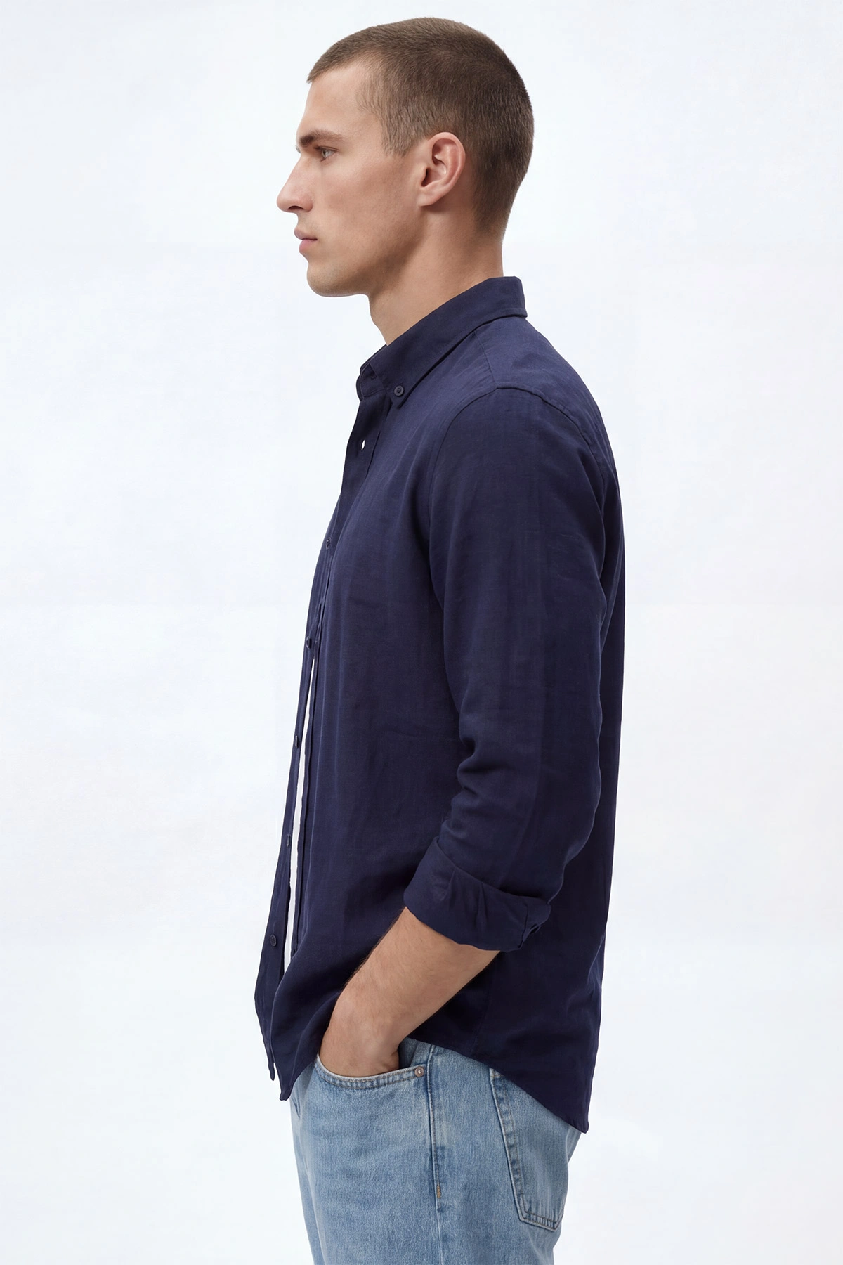 Lacivert Relaxed Fit Keten Ata Yaka Erkek Gömlek 435842