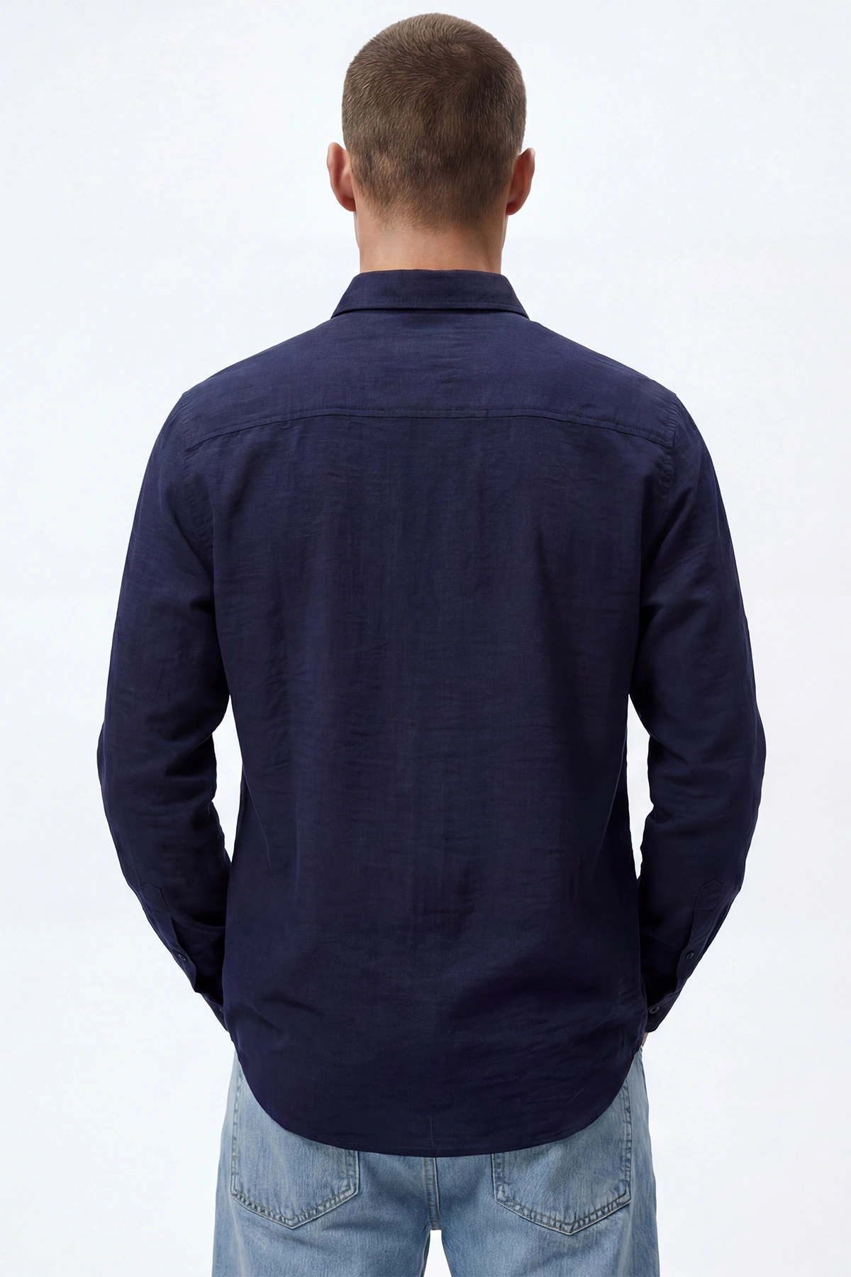 Lacivert Relaxed Fit Keten Ata Yaka Erkek Gömlek 435842