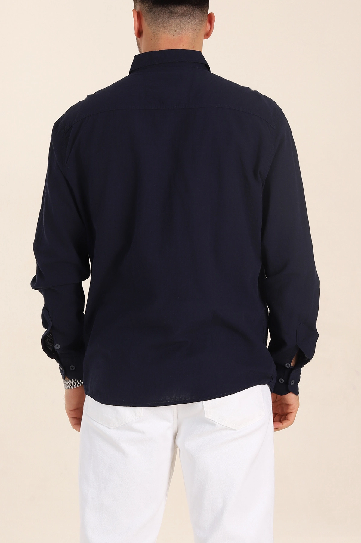 Lacivert Relaxed Fit Keten Cep Detaylı Erkek Gömlek 356964