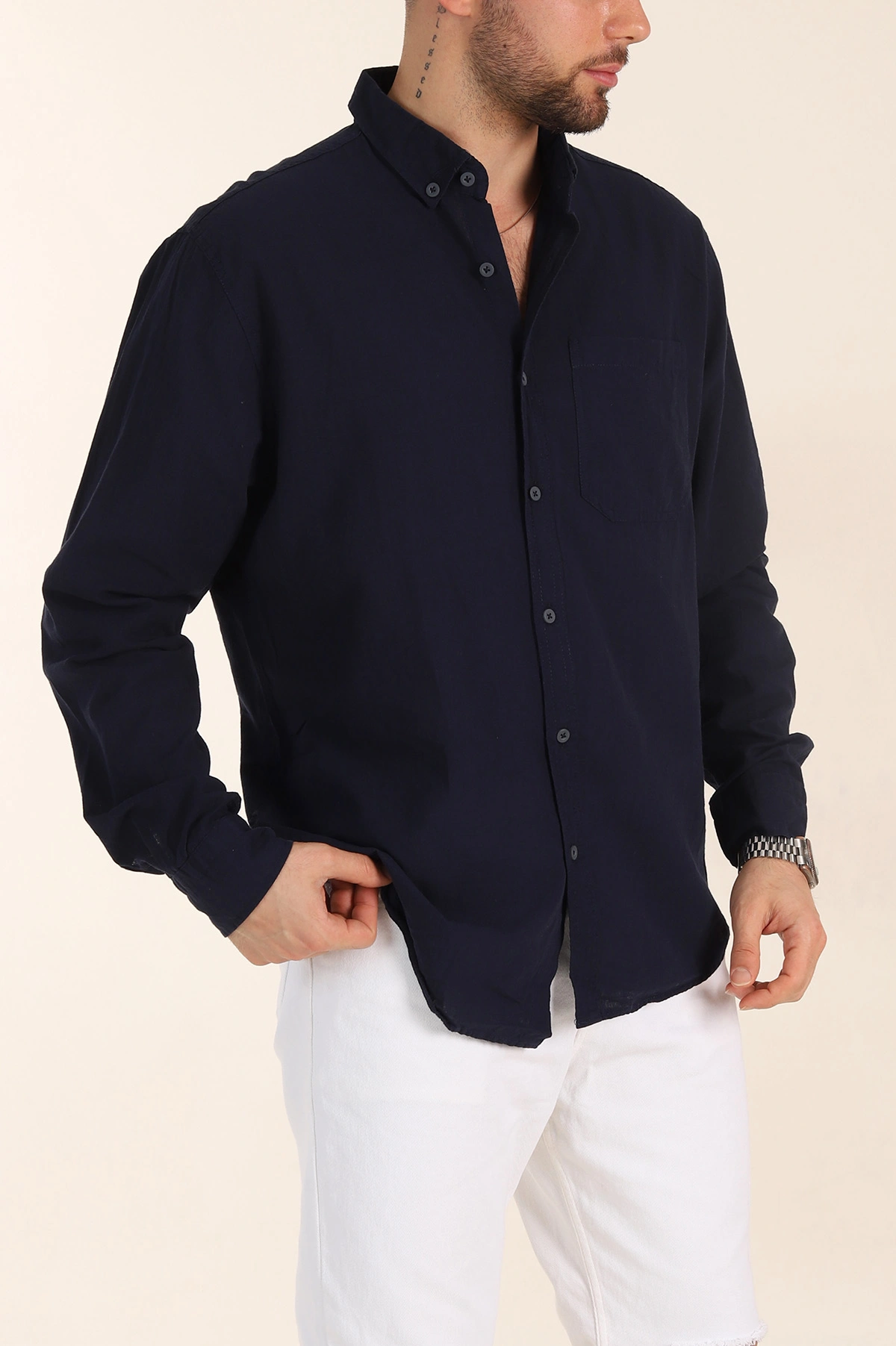 Lacivert Relaxed Fit Keten Cep Detaylı Erkek Gömlek 356964