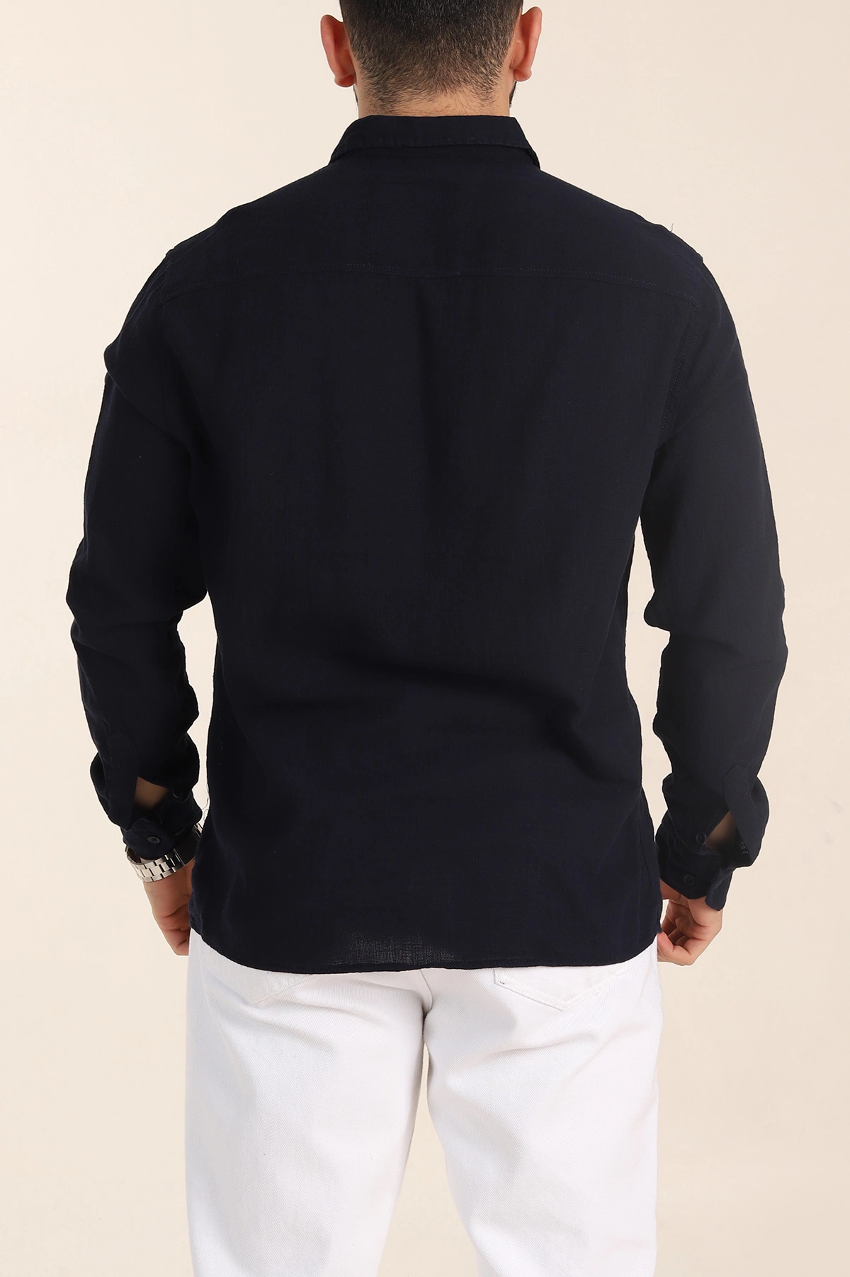 Lacivert Relaxed Fit Keten Cep Detaylı Erkek Gömlek 356972