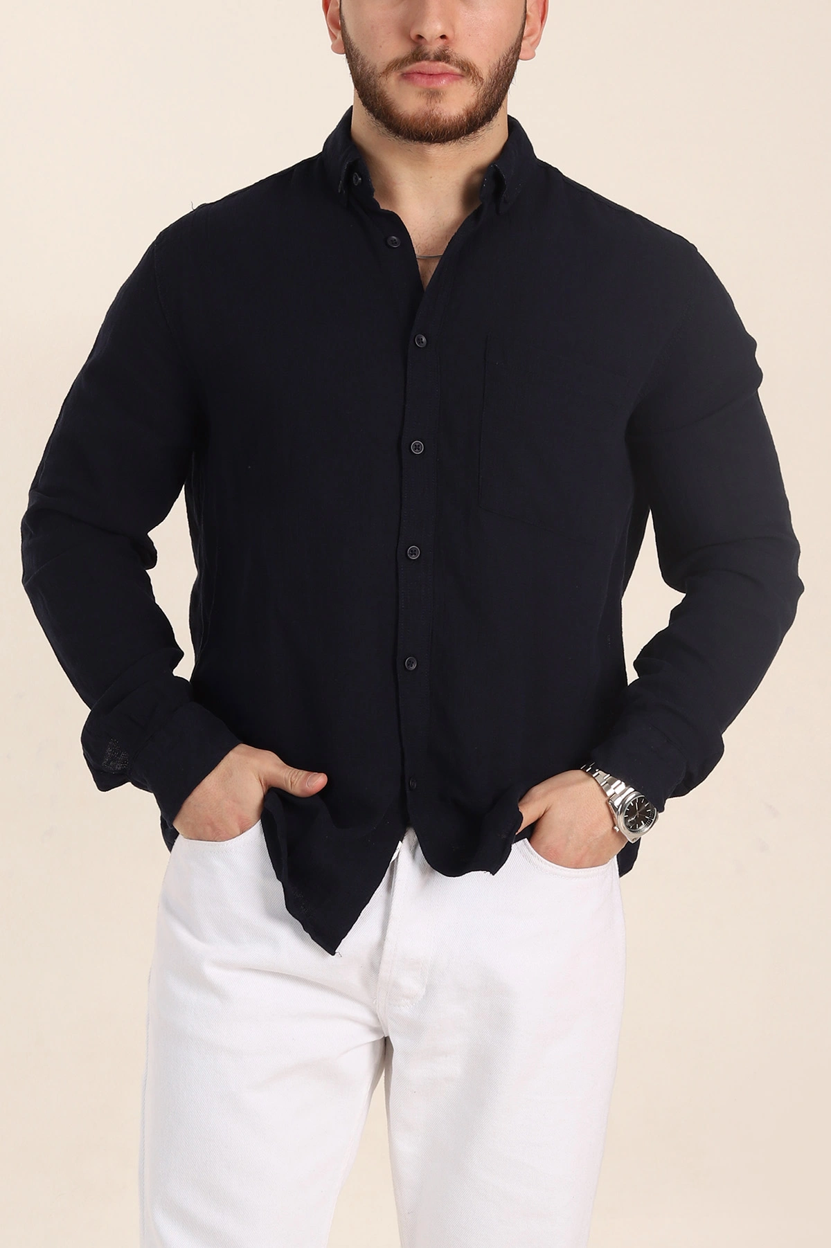 Lacivert Relaxed Fit Keten Cep Detaylı Erkek Gömlek 356972