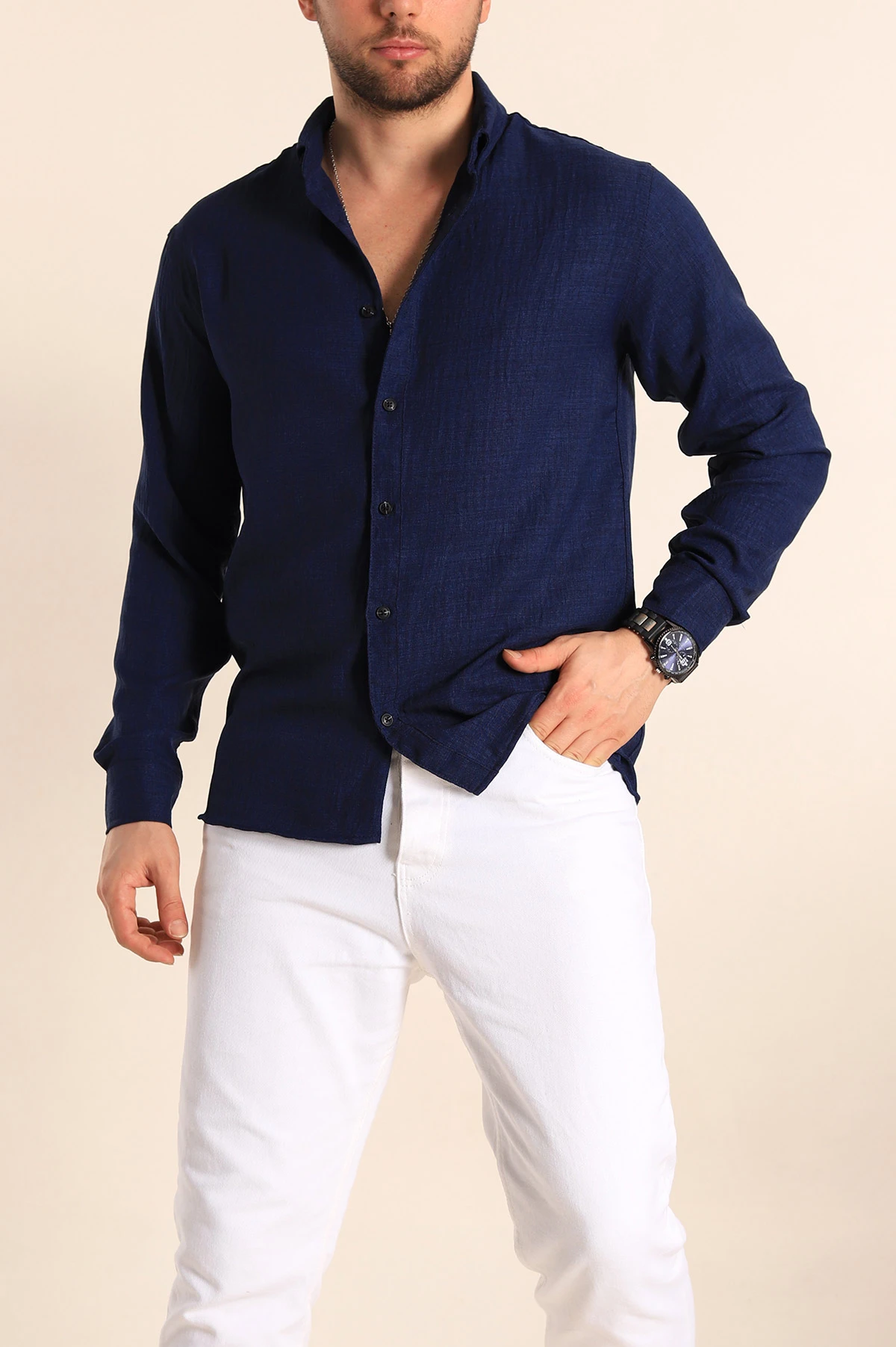 Lacivert Relaxed Fit Keten Erkek Gömlek 256526