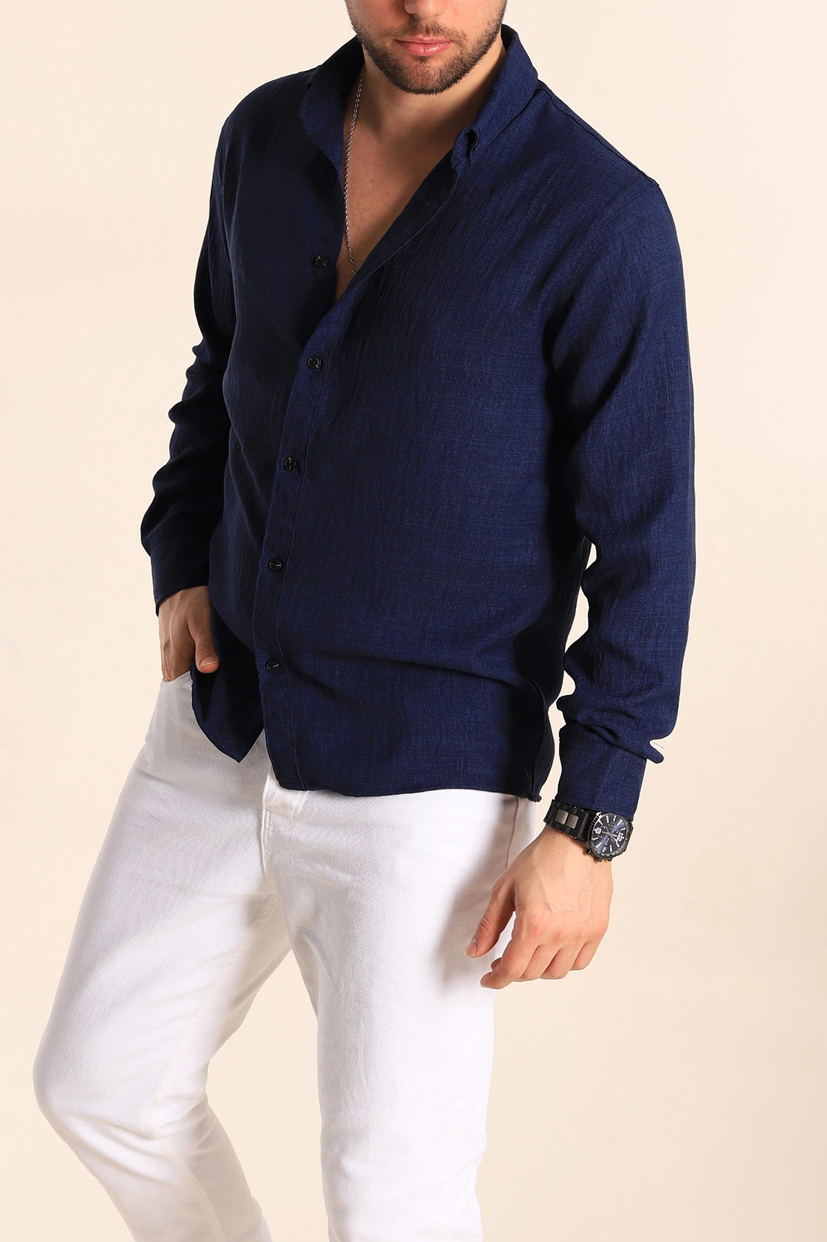 Lacivert Relaxed Fit Keten Erkek Gömlek 256526