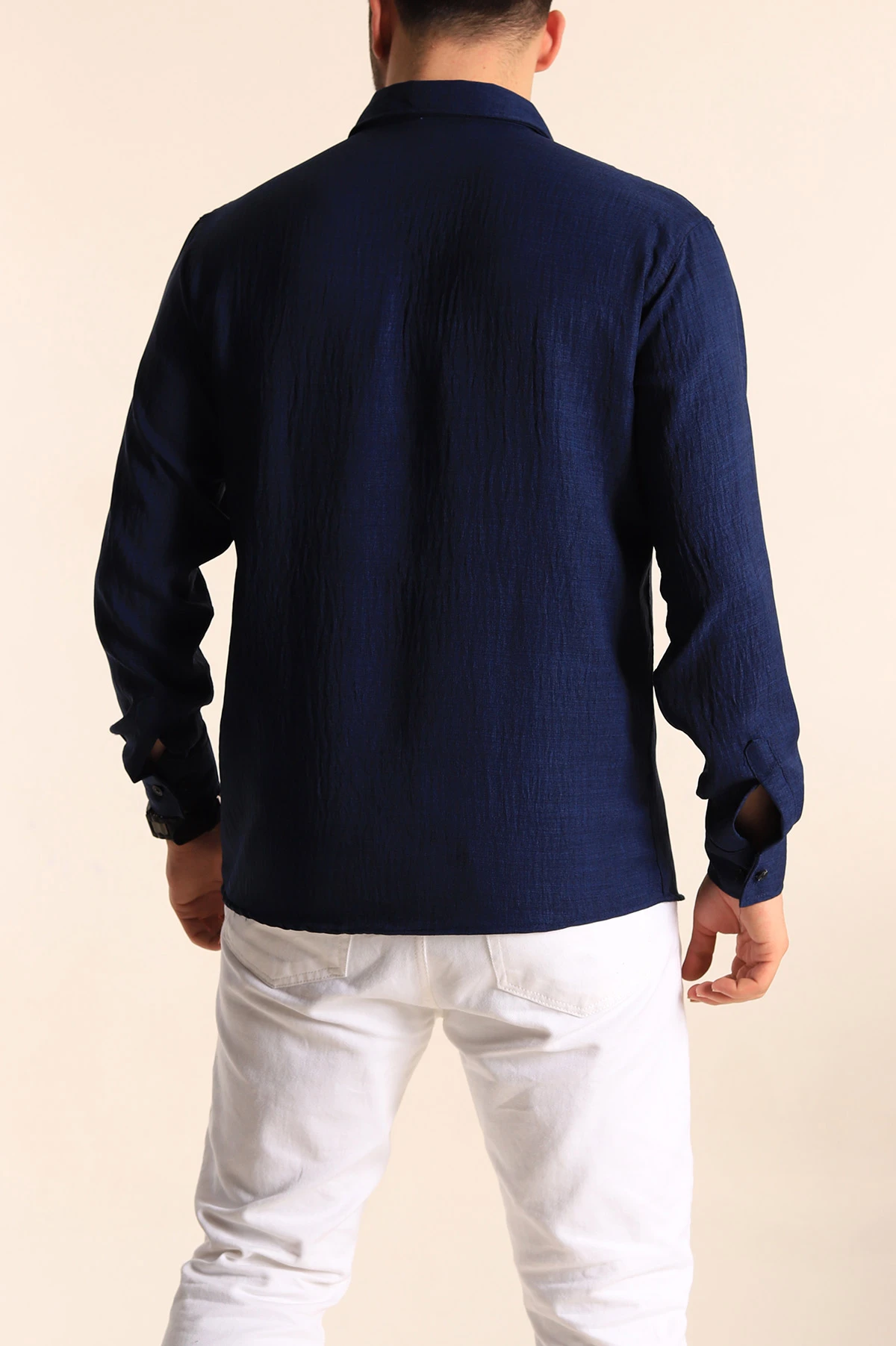 Lacivert Relaxed Fit Keten Erkek Gömlek 256526