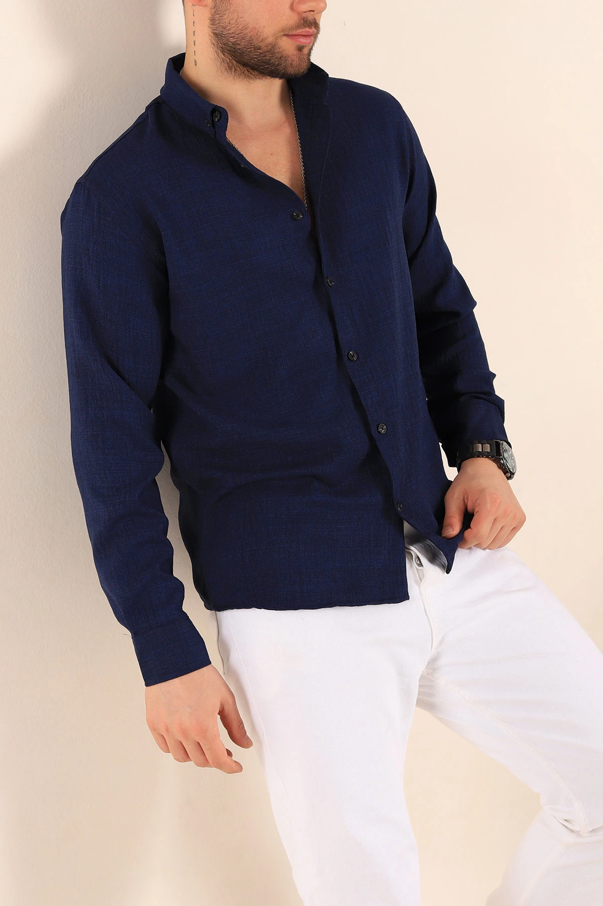 Lacivert Relaxed Fit Keten Erkek Gömlek 256526