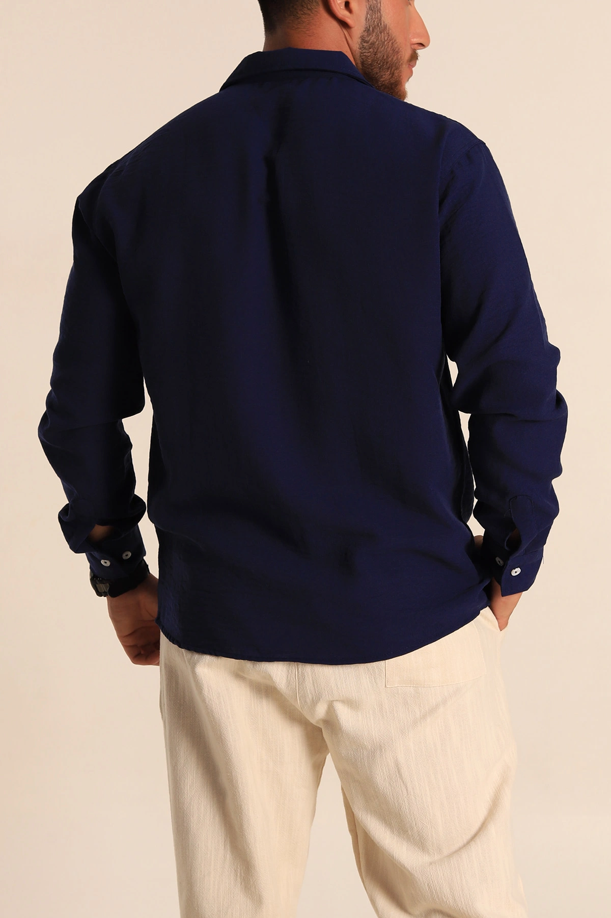 Lacivert Relaxed Fit Keten Erkek Gömlek 283763