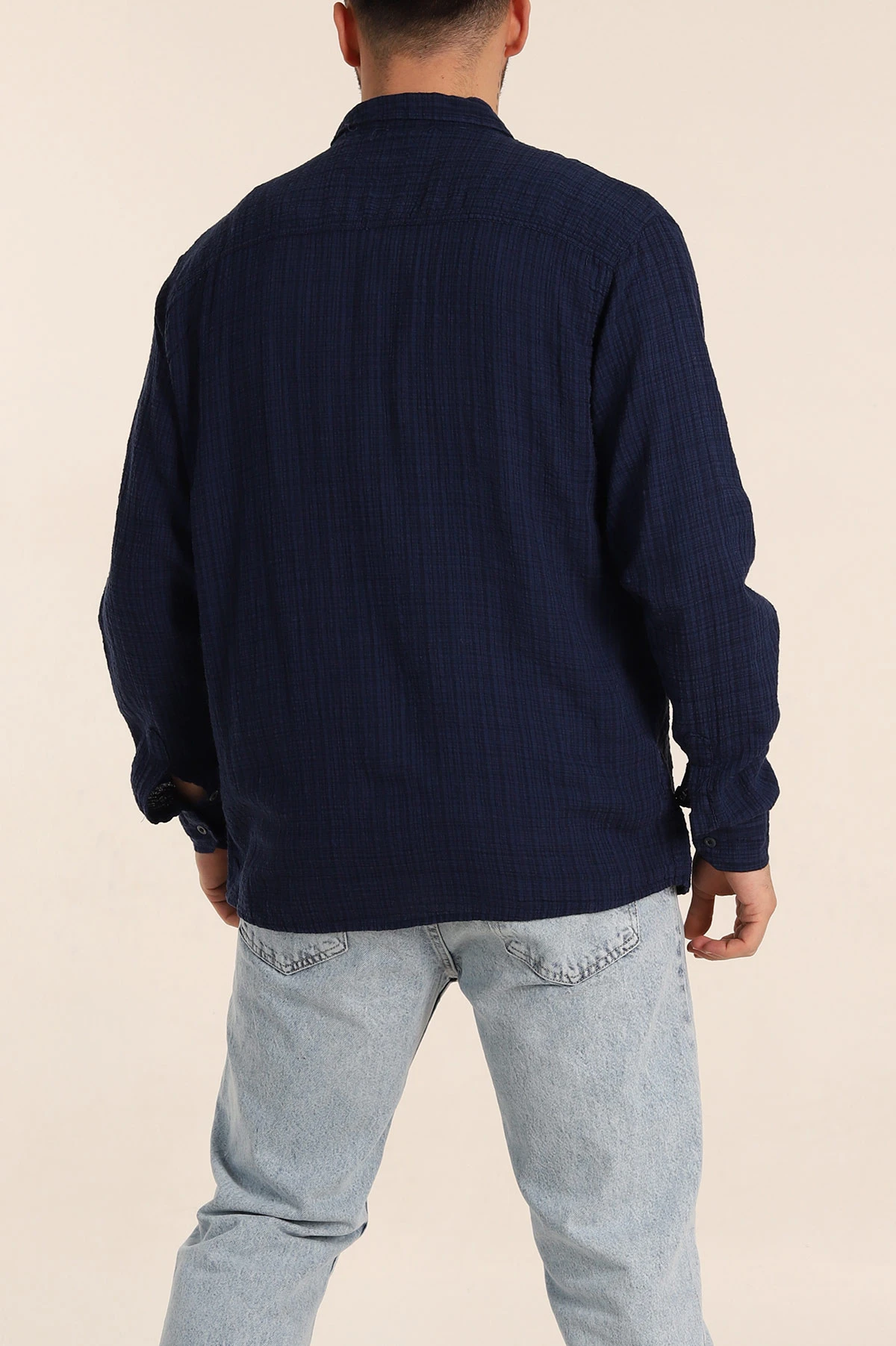 Lacivert Relaxed Fit Keten Kare Dokulu Ata Yaka Erkek Gömlek 339180