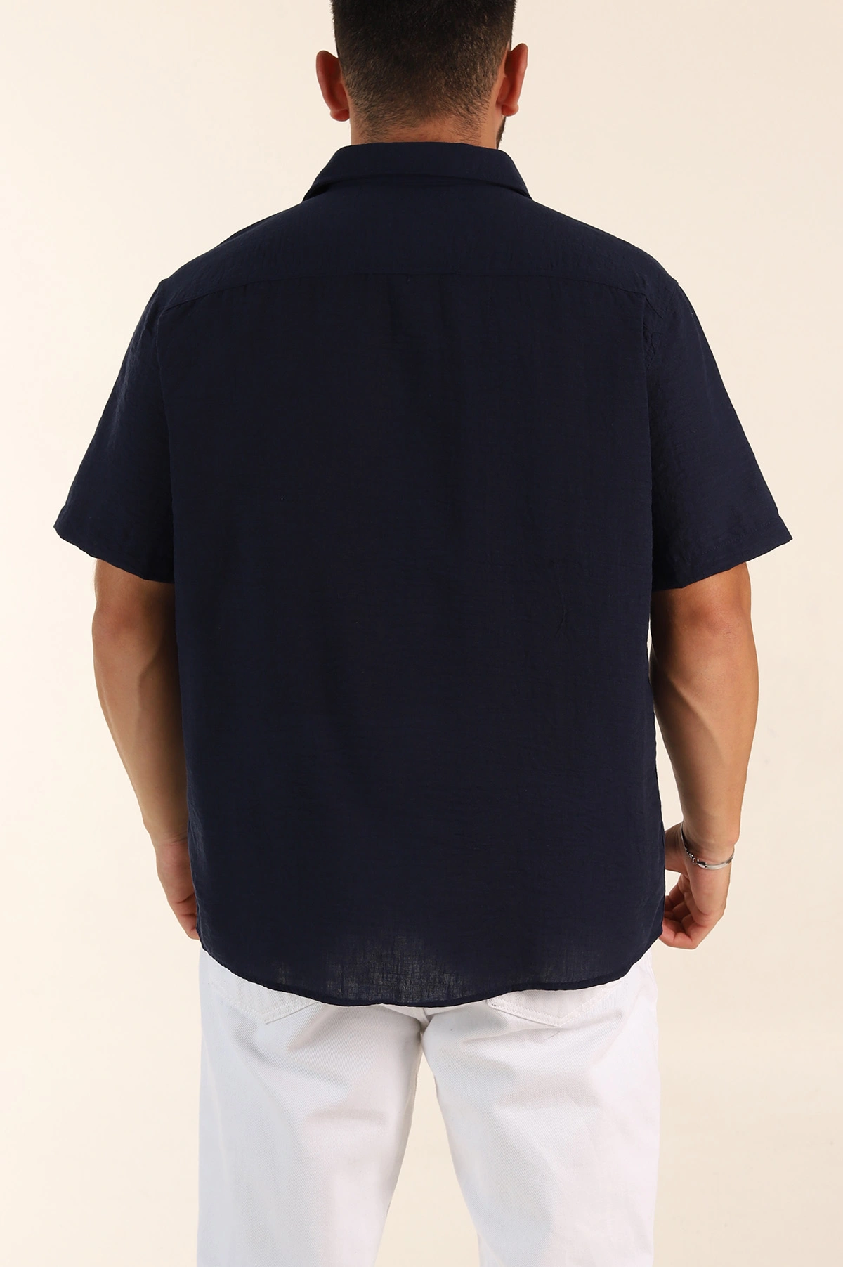 Lacivert Relaxed Fit Keten Kısa Kollu Erkek Gömlek 376971