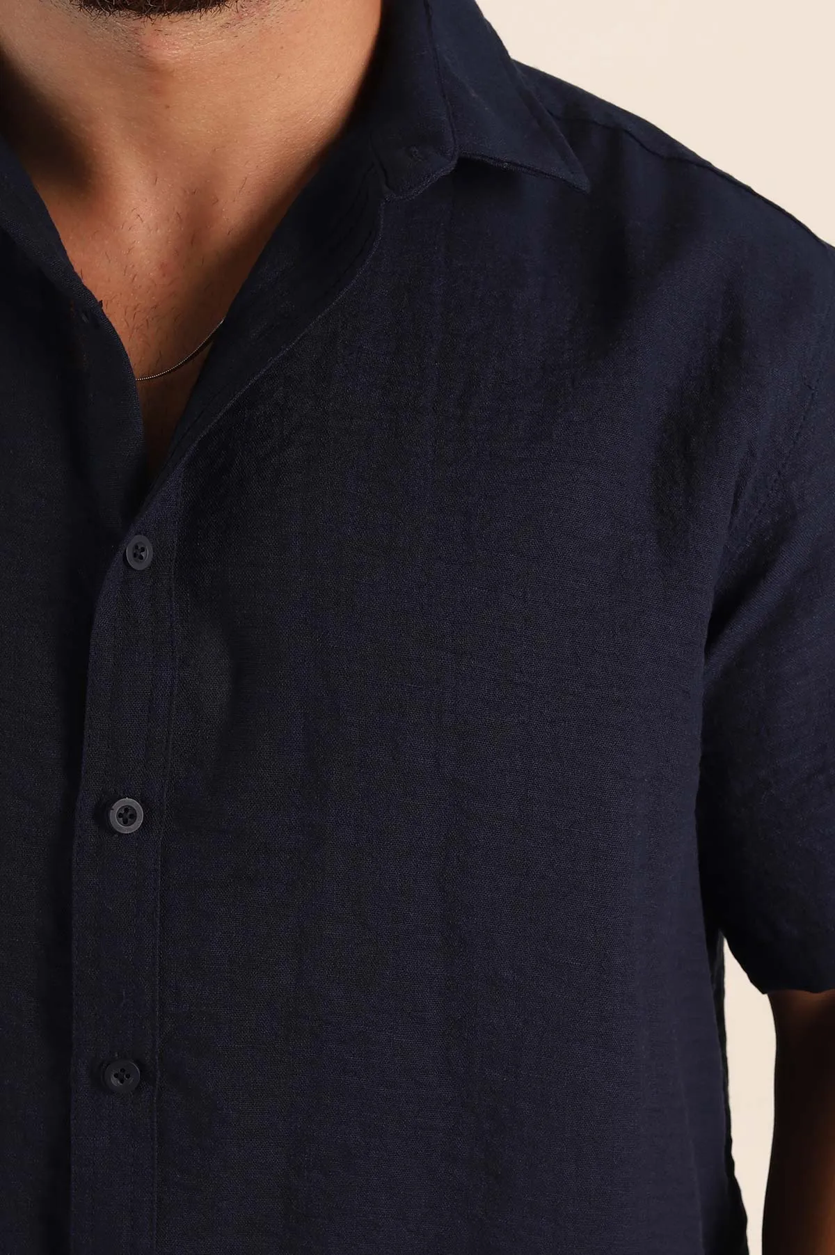 Lacivert Relaxed Fit Keten Kısa Kollu Erkek Gömlek 376971