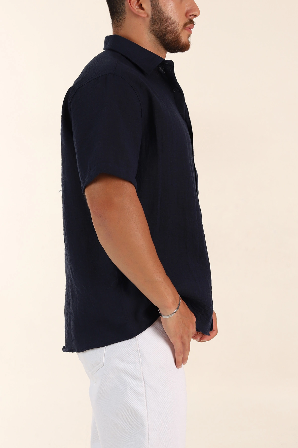 Lacivert Relaxed Fit Keten Kısa Kollu Erkek Gömlek 376971