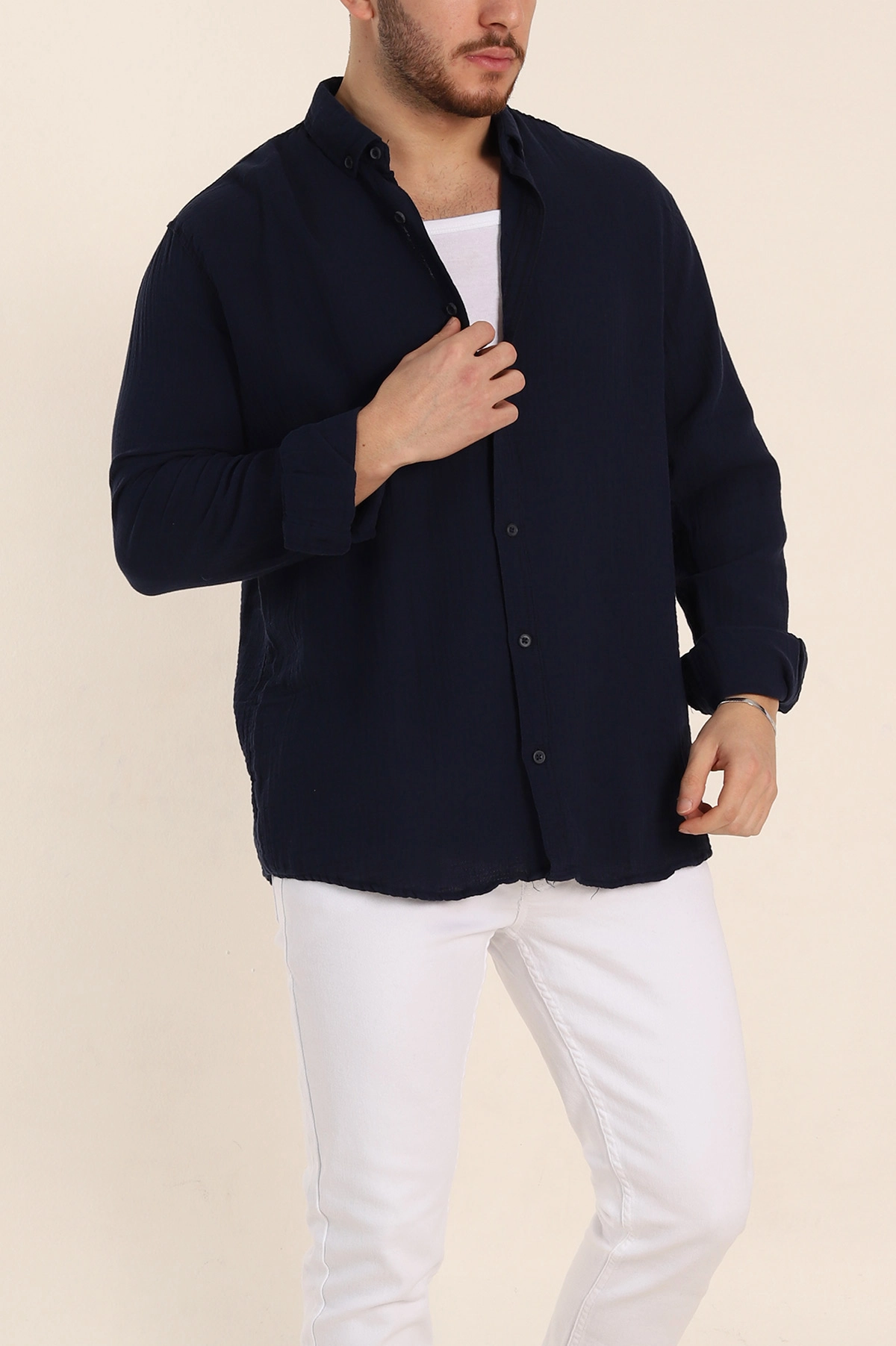 Lacivert Relaxed Fit Müslin Keten Ata Yaka Erkek Gömlek 339155