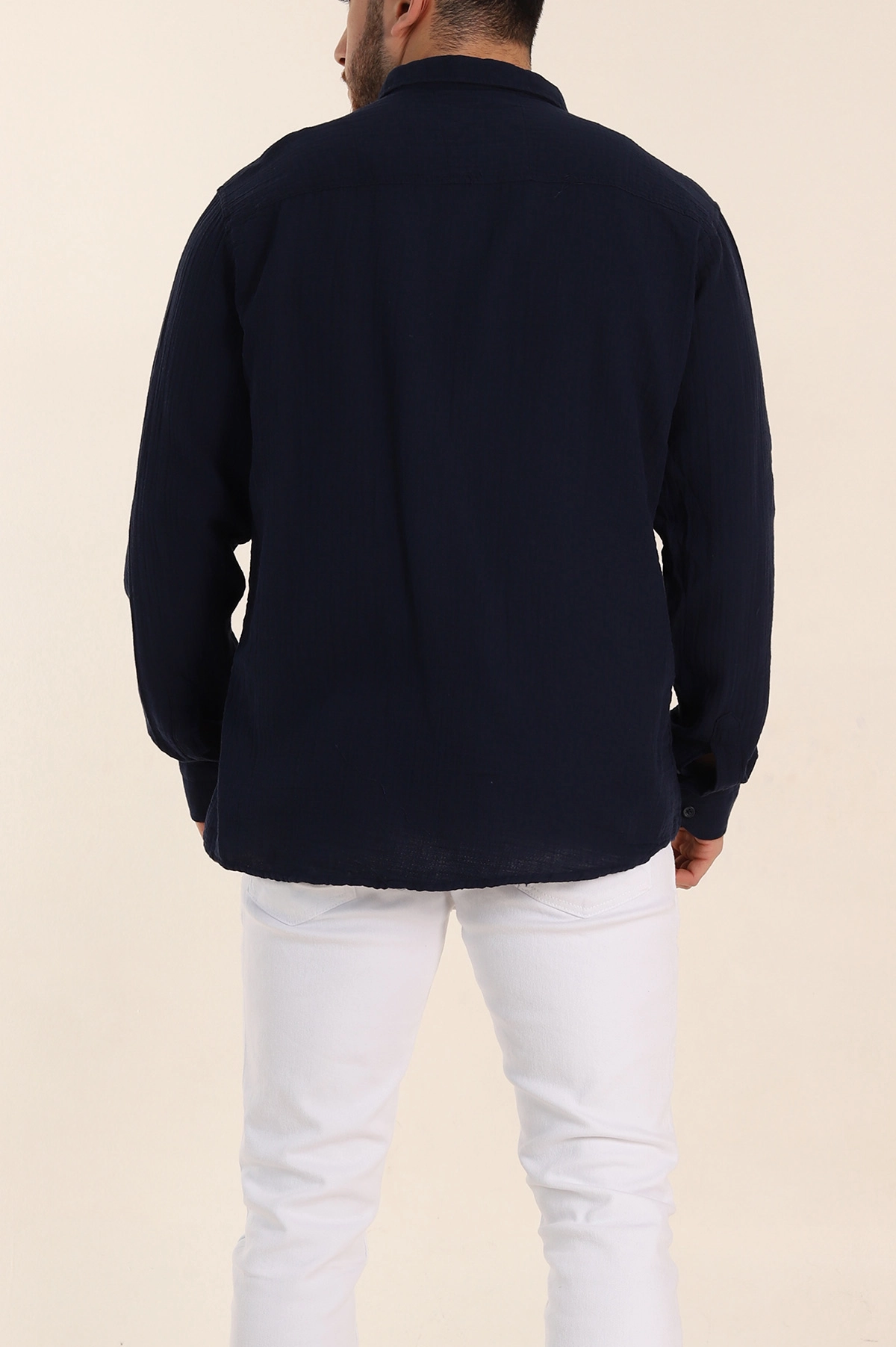 Lacivert Relaxed Fit Müslin Keten Ata Yaka Erkek Gömlek 339155