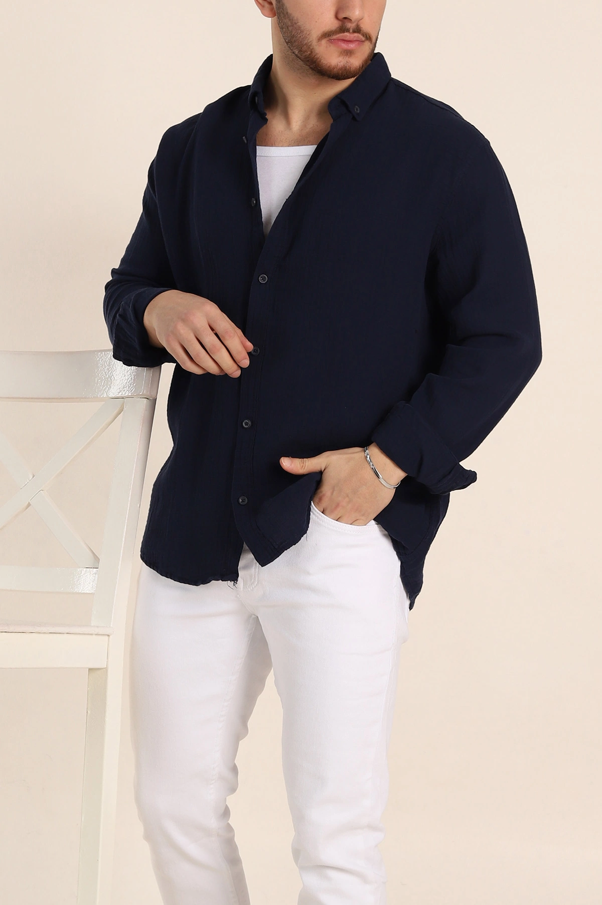 Lacivert Relaxed Fit Müslin Keten Ata Yaka Erkek Gömlek 339155