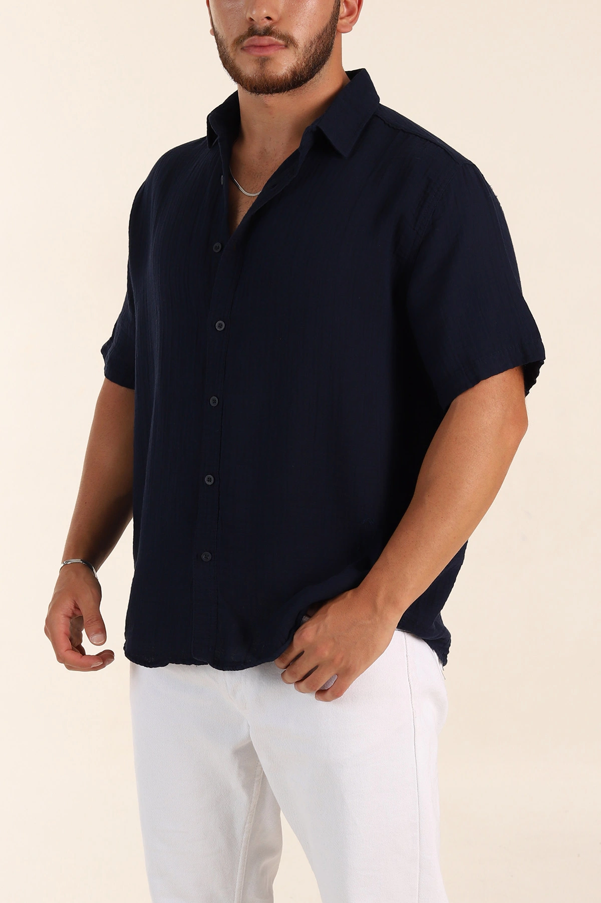 Lacivert Relaxed Fit Müslin Keten Kısa Kollu Erkek Gömlek 376945