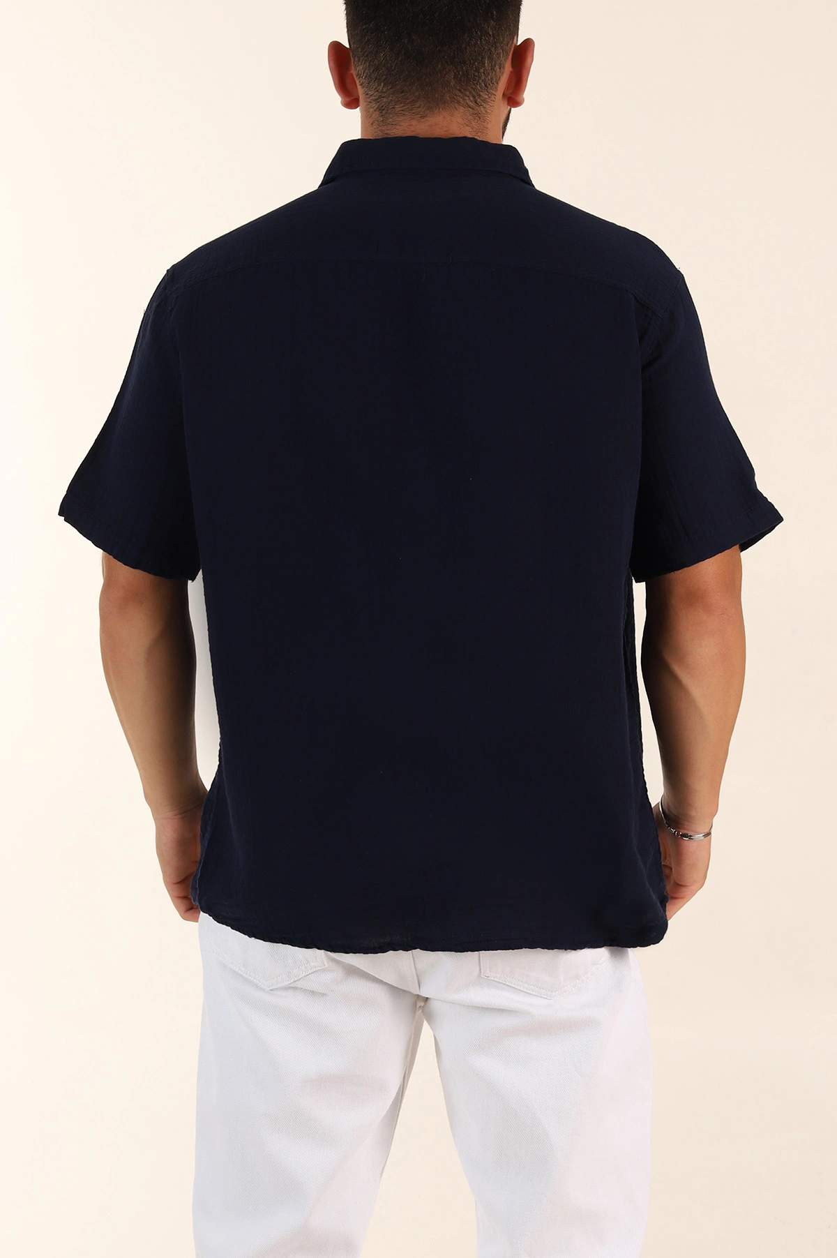 Lacivert Relaxed Fit Müslin Keten Kısa Kollu Erkek Gömlek 376945