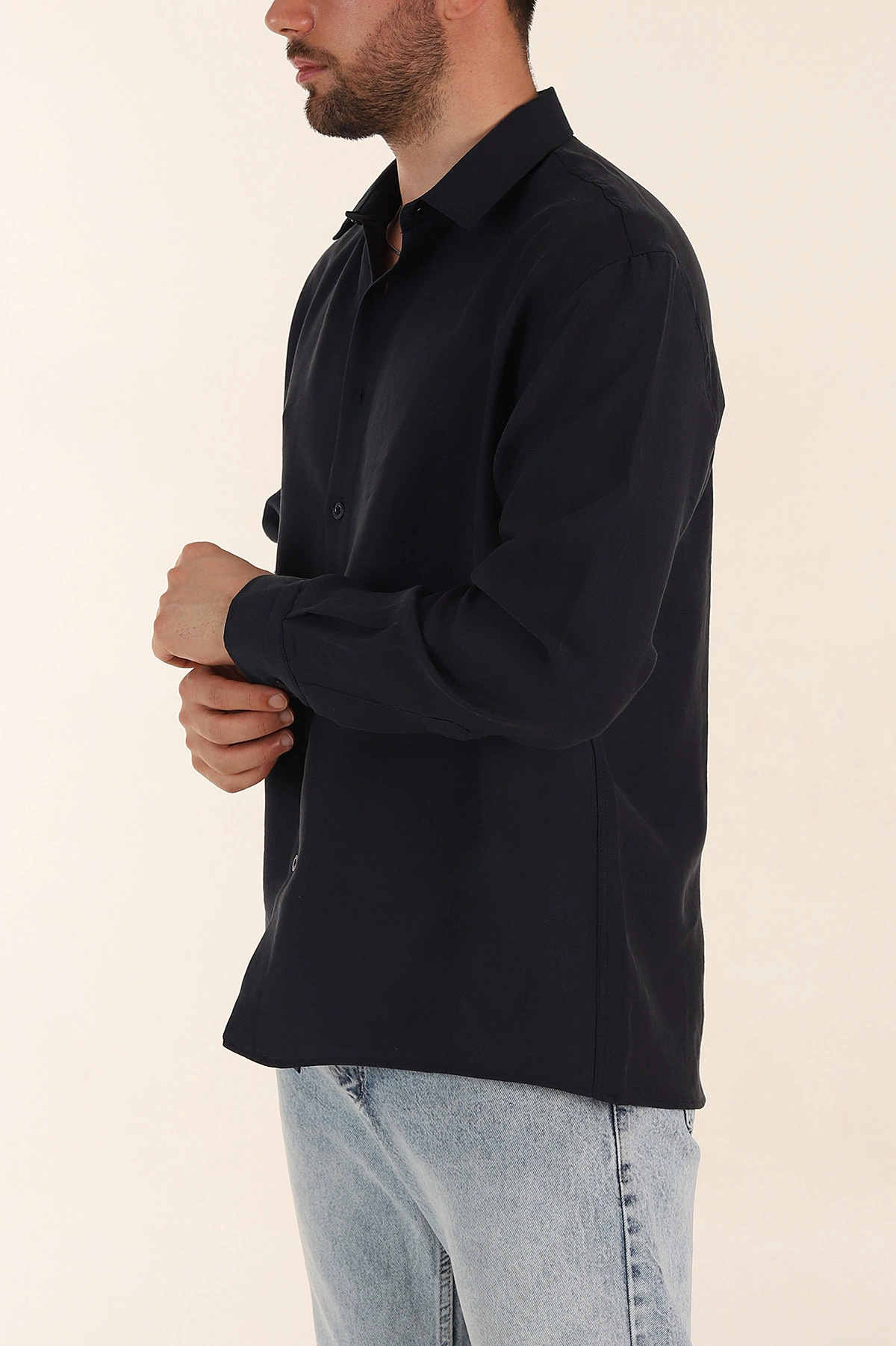 Lacivert Relaxed Fit Nefes Alan Lyocell Kumaş Uzun Kollu Erkek Gömlek 368617