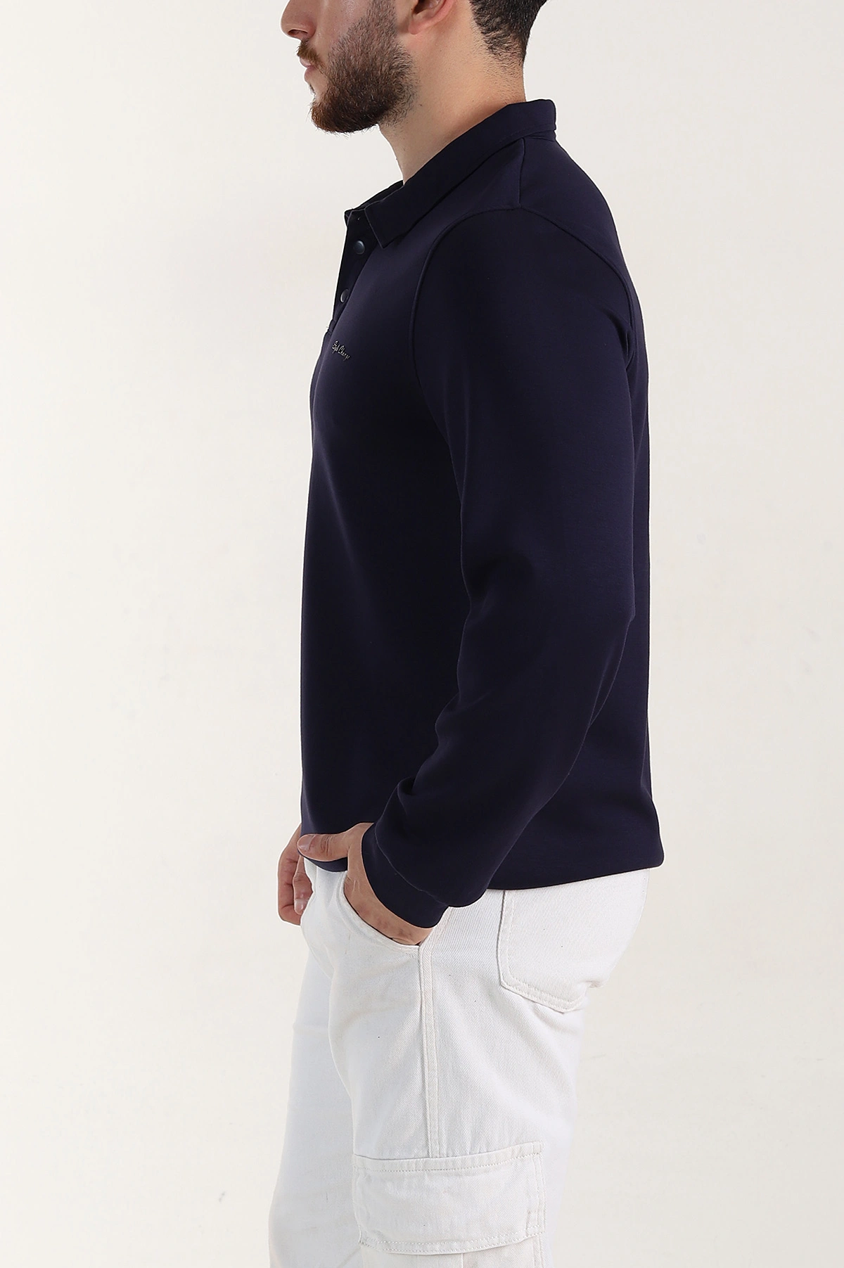 Lacivert Relaxed Fit Oysho Kumaş Düğmeli Polo Yaka Erkek Sweatshirt 399522