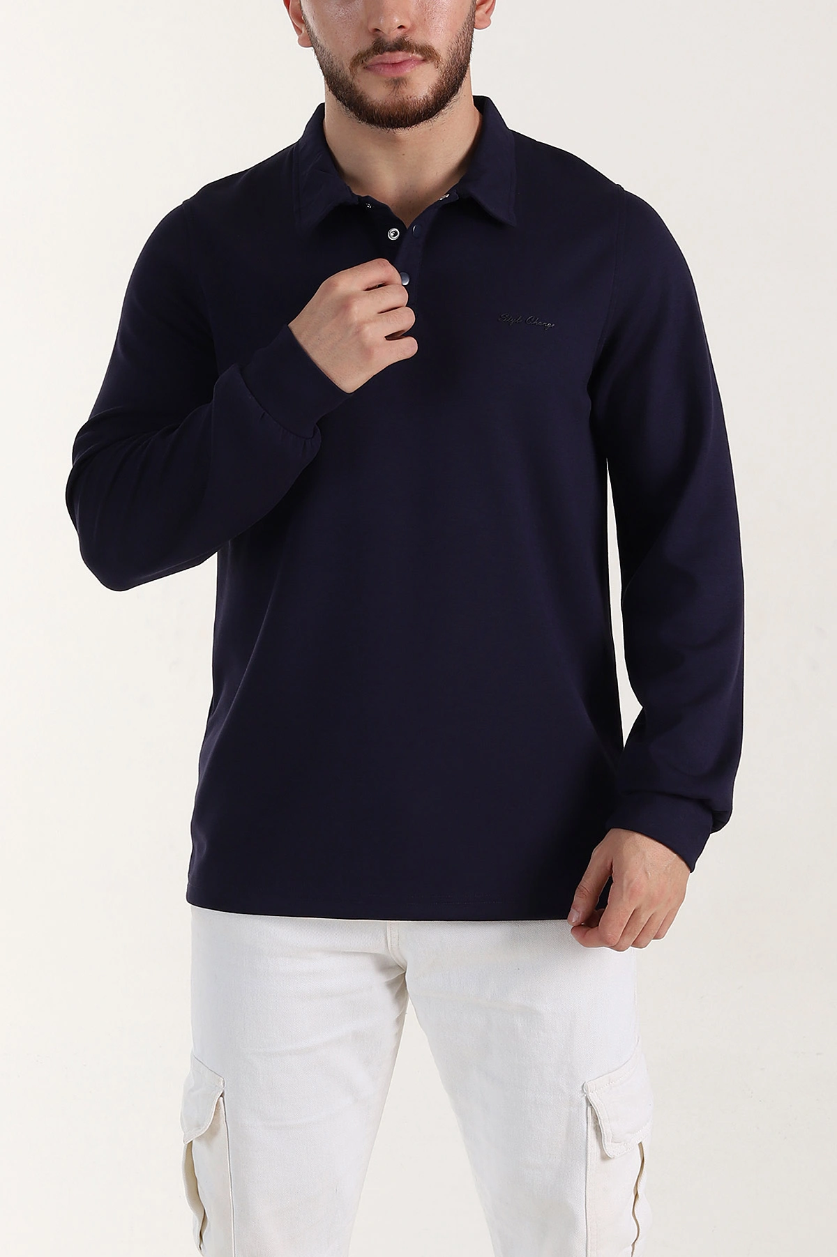 Lacivert Relaxed Fit Oysho Kumaş Düğmeli Polo Yaka Erkek Sweatshirt 399522
