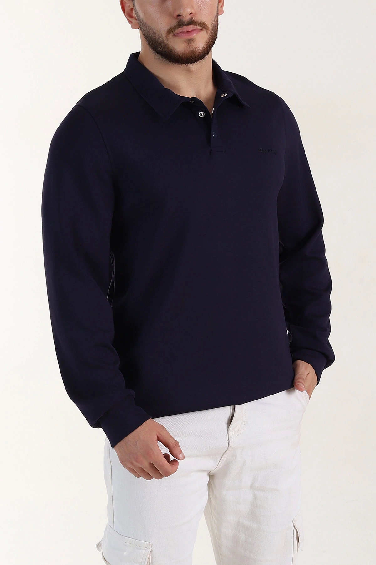 Lacivert Relaxed Fit Oysho Kumaş Düğmeli Polo Yaka Erkek Sweatshirt 399522