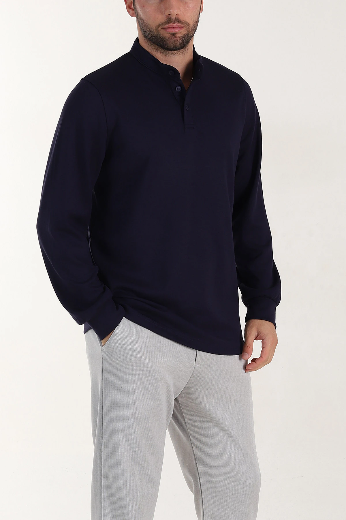 Lacivert Relaxed Fit Oysho Kumaş Hakim Yaka Erkek Sweatshirt 399609