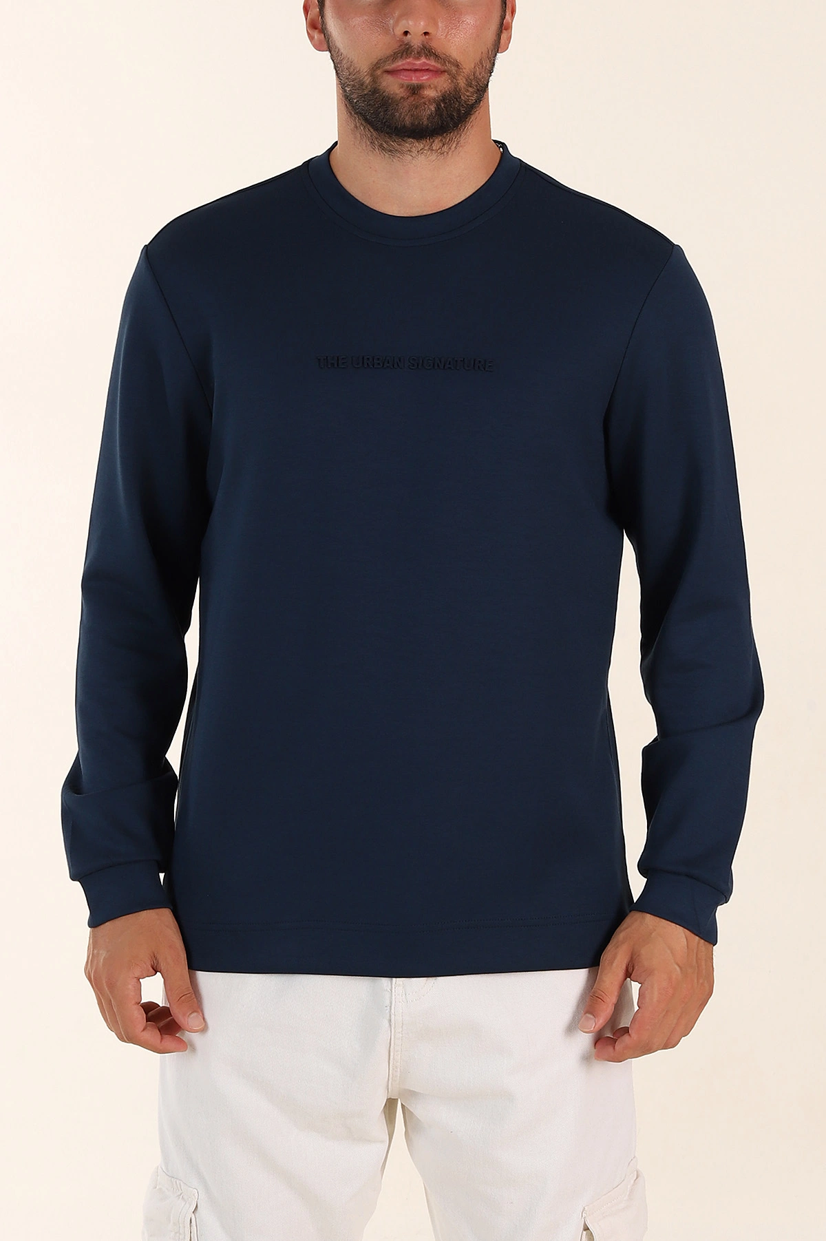 Lacivert Relaxed Fit Oysho Kumaş Kabartma Yazılı Erkek Sweatshirt 393292