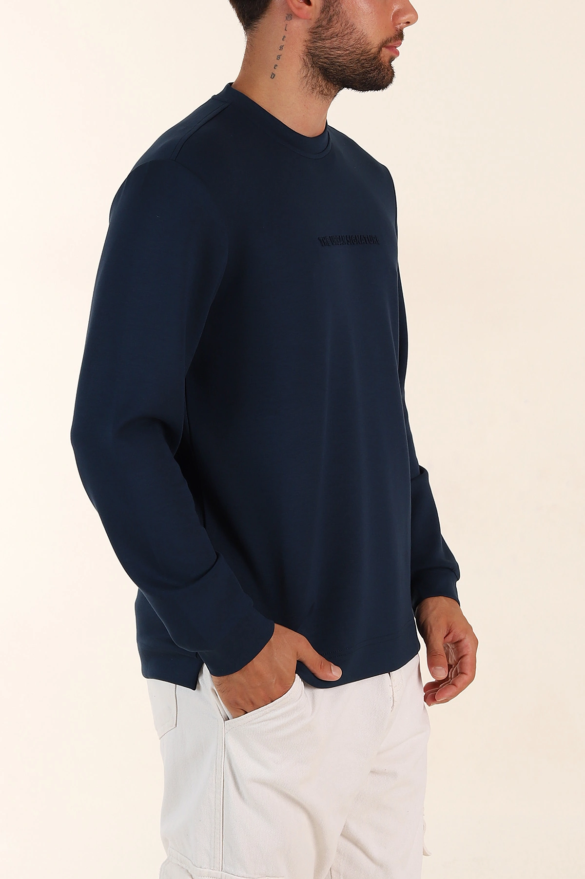 Lacivert Relaxed Fit Oysho Kumaş Kabartma Yazılı Erkek Sweatshirt 393292