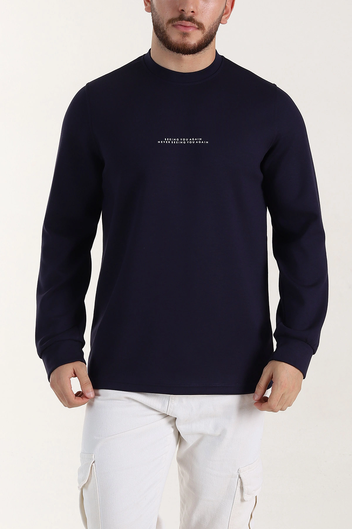 Lacivert Relaxed Fit Oysho Kumaş Kabartma Yazılı Erkek Sweatshirt 399530