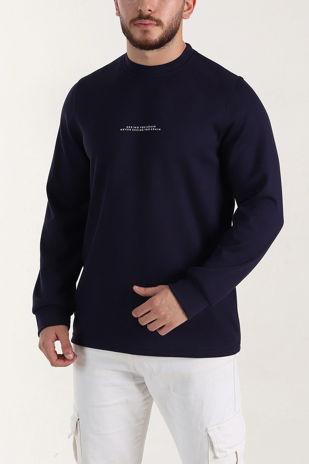 Lacivert Relaxed Fit Oysho Kumaş Kabartma Yazılı Erkek Sweatshirt 399530