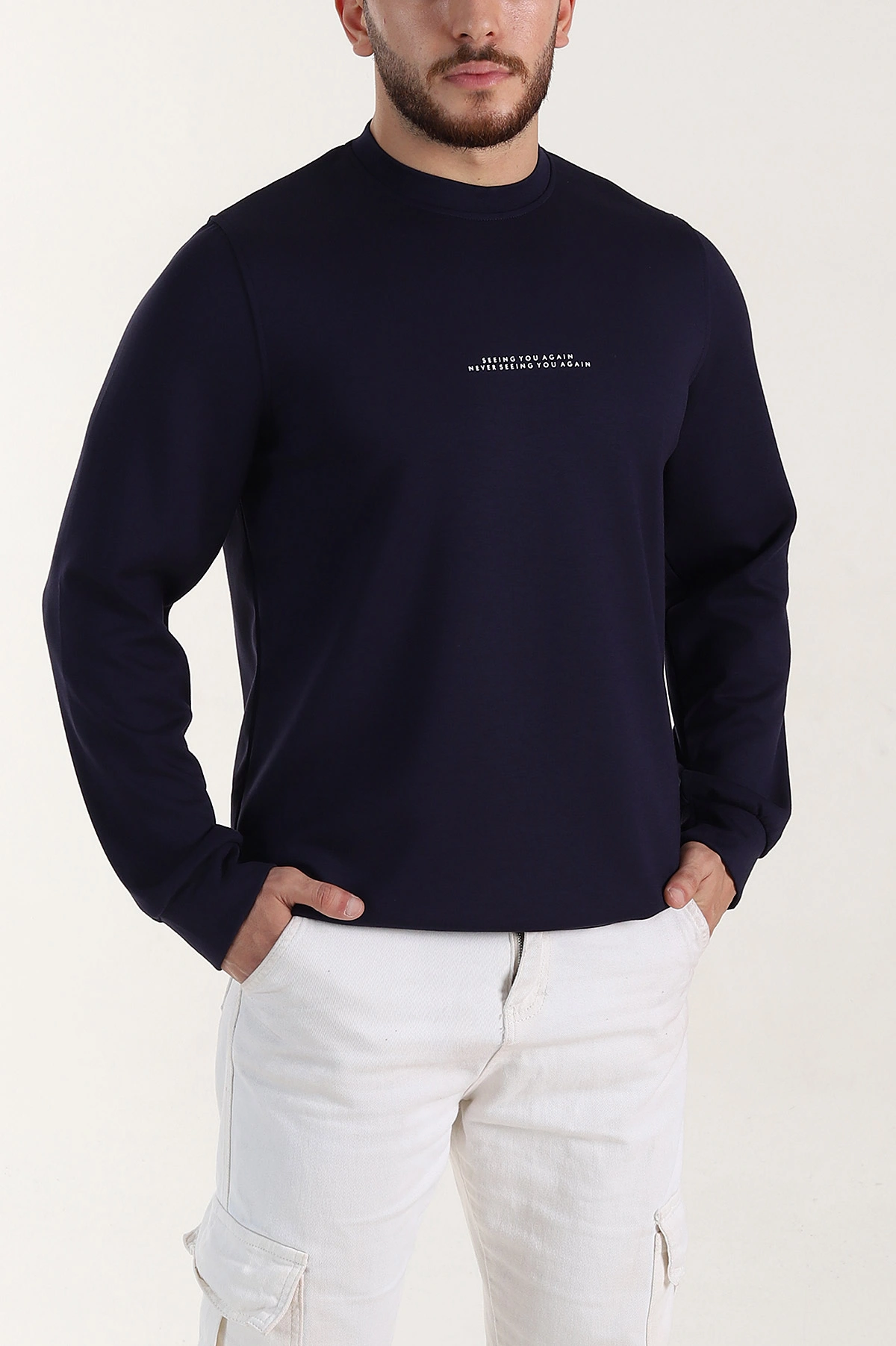 Lacivert Relaxed Fit Oysho Kumaş Kabartma Yazılı Erkek Sweatshirt 399530