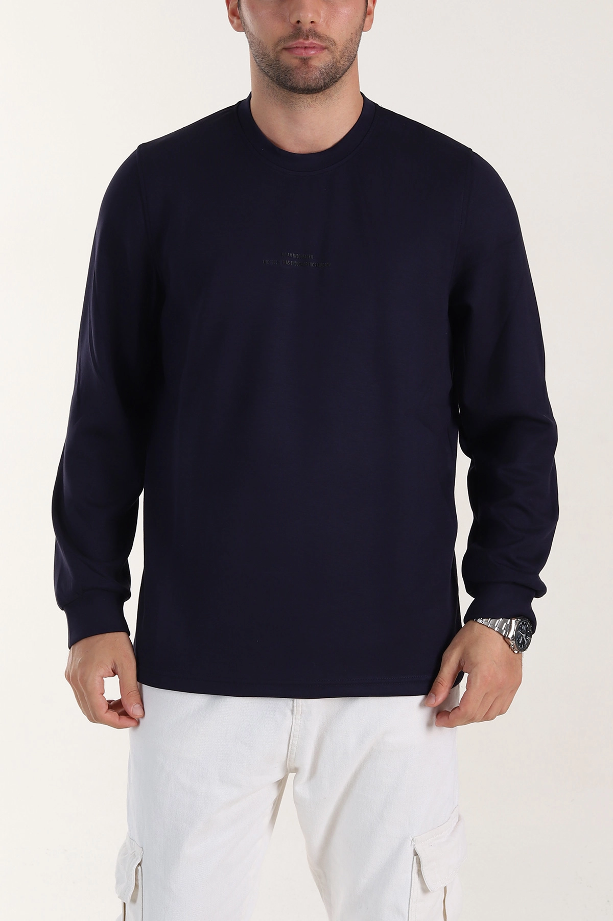 Lacivert Relaxed Fit Oysho Kumaş Yazı Detaylı Erkek Sweatshirt 399464