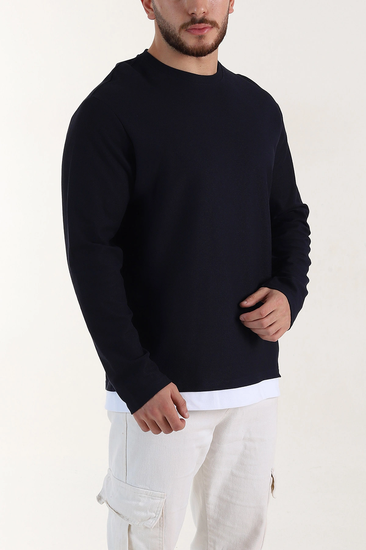 Lacivert Relaxed Fit Pike Dokulu Basic Erkek Sweatshirt 398897