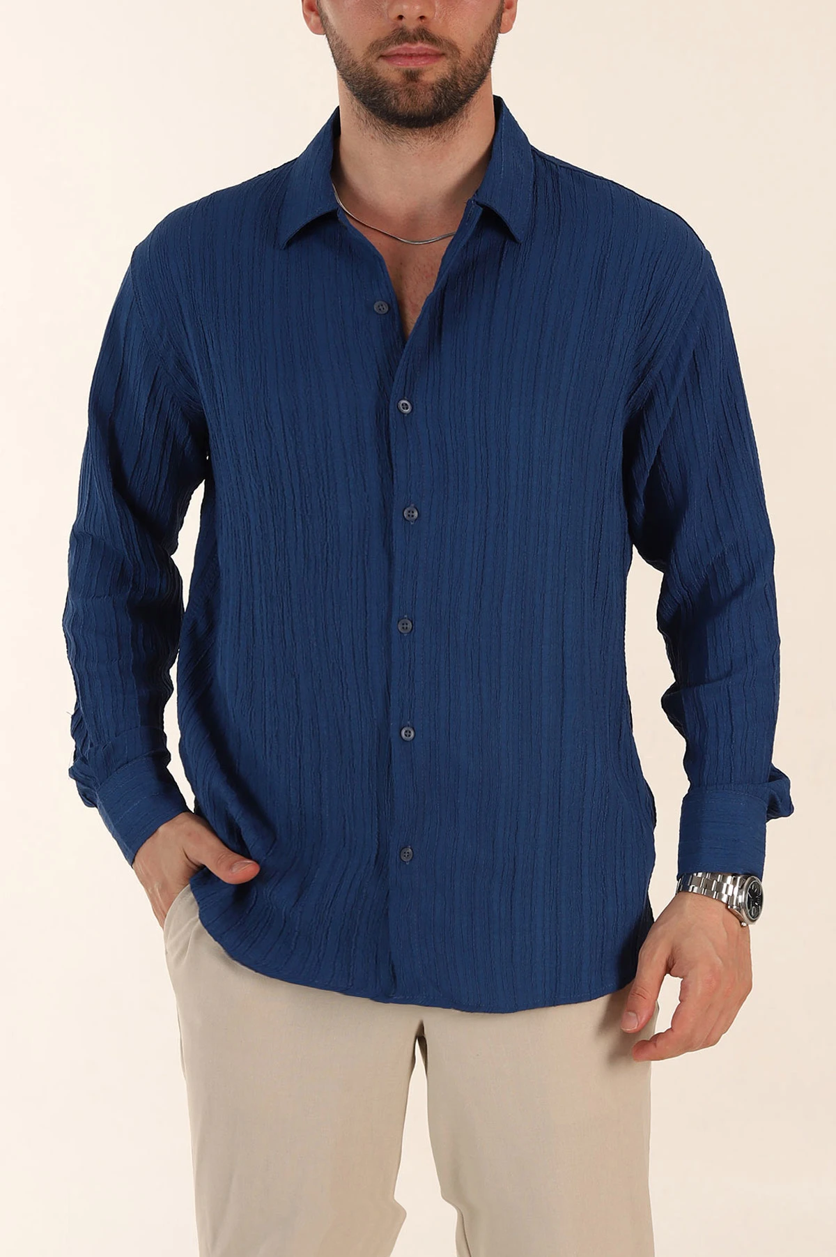 Lacivert Relaxed Fit Pliseli Uzun Kollu Erkek Gömlek 369584