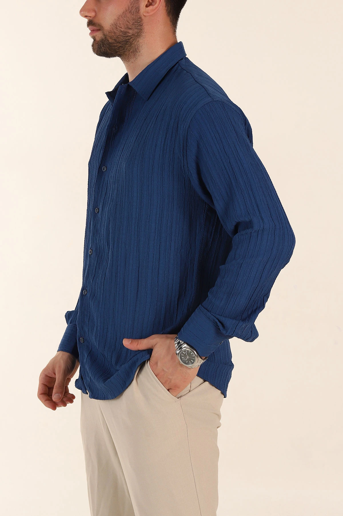 Lacivert Relaxed Fit Pliseli Uzun Kollu Erkek Gömlek 369584