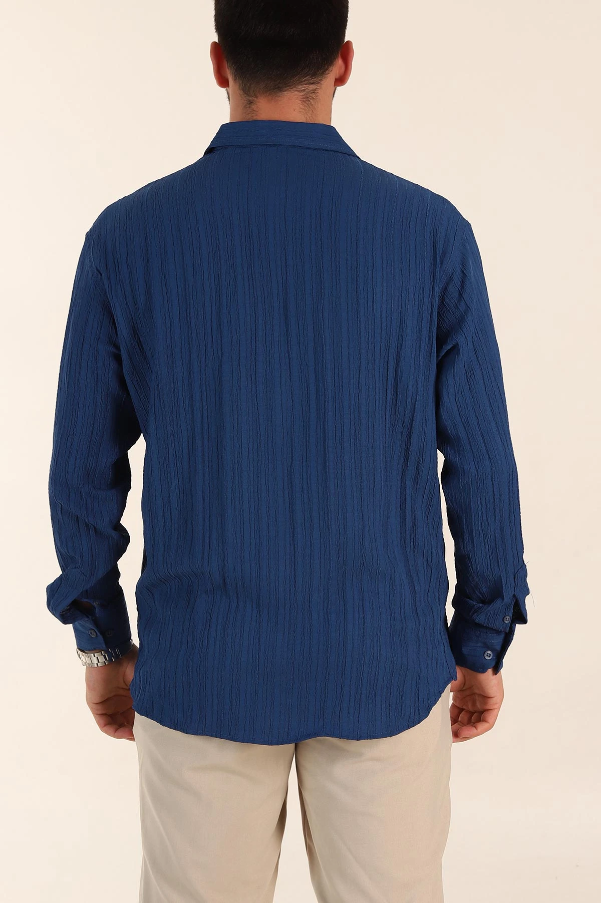 Lacivert Relaxed Fit Pliseli Uzun Kollu Erkek Gömlek 369584