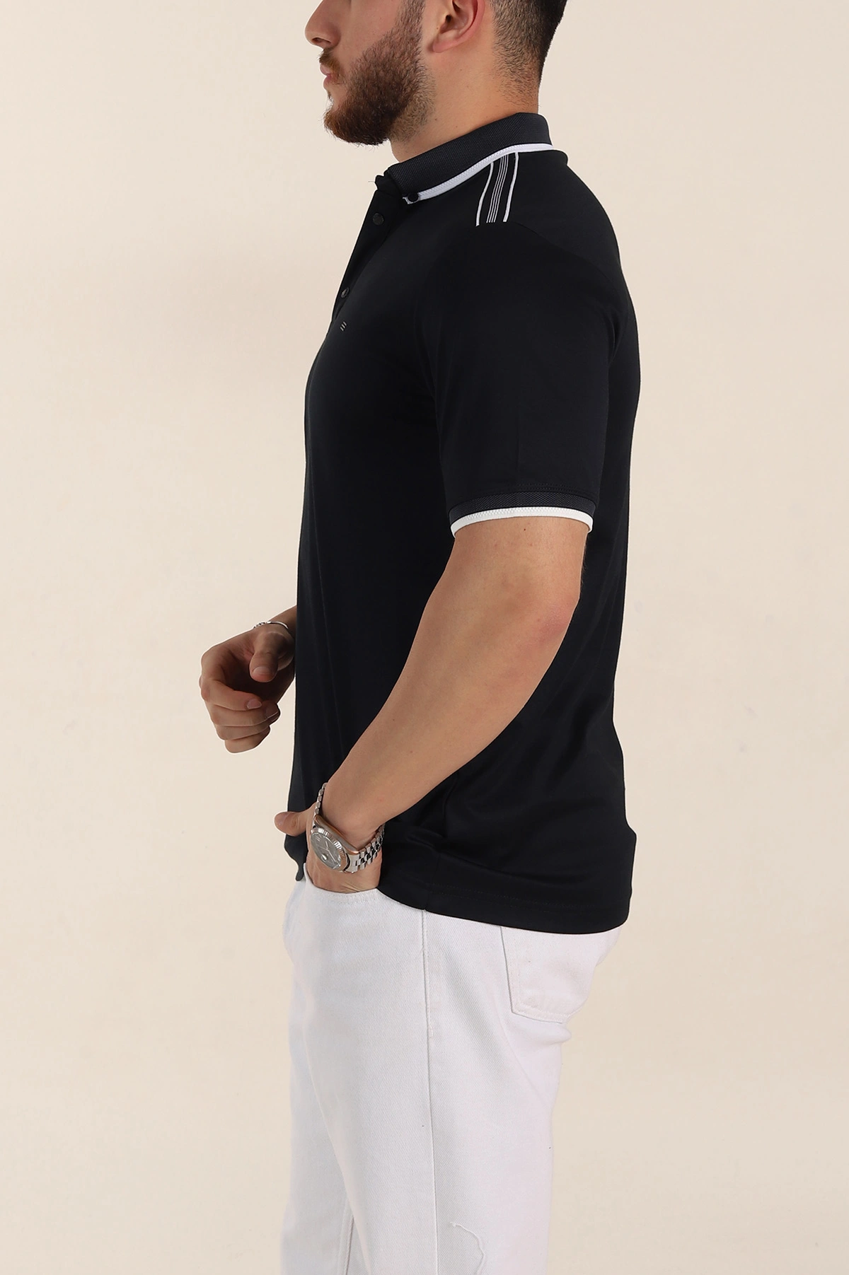 Lacivert Relaxed Fit Şerit Detaylı Polo Yaka Erkek Tişört 359112
