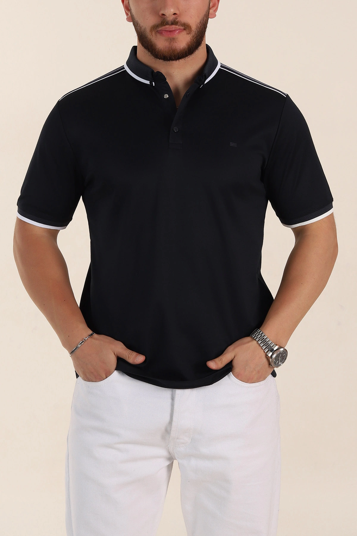 Lacivert Relaxed Fit Şerit Detaylı Polo Yaka Erkek Tişört 359112