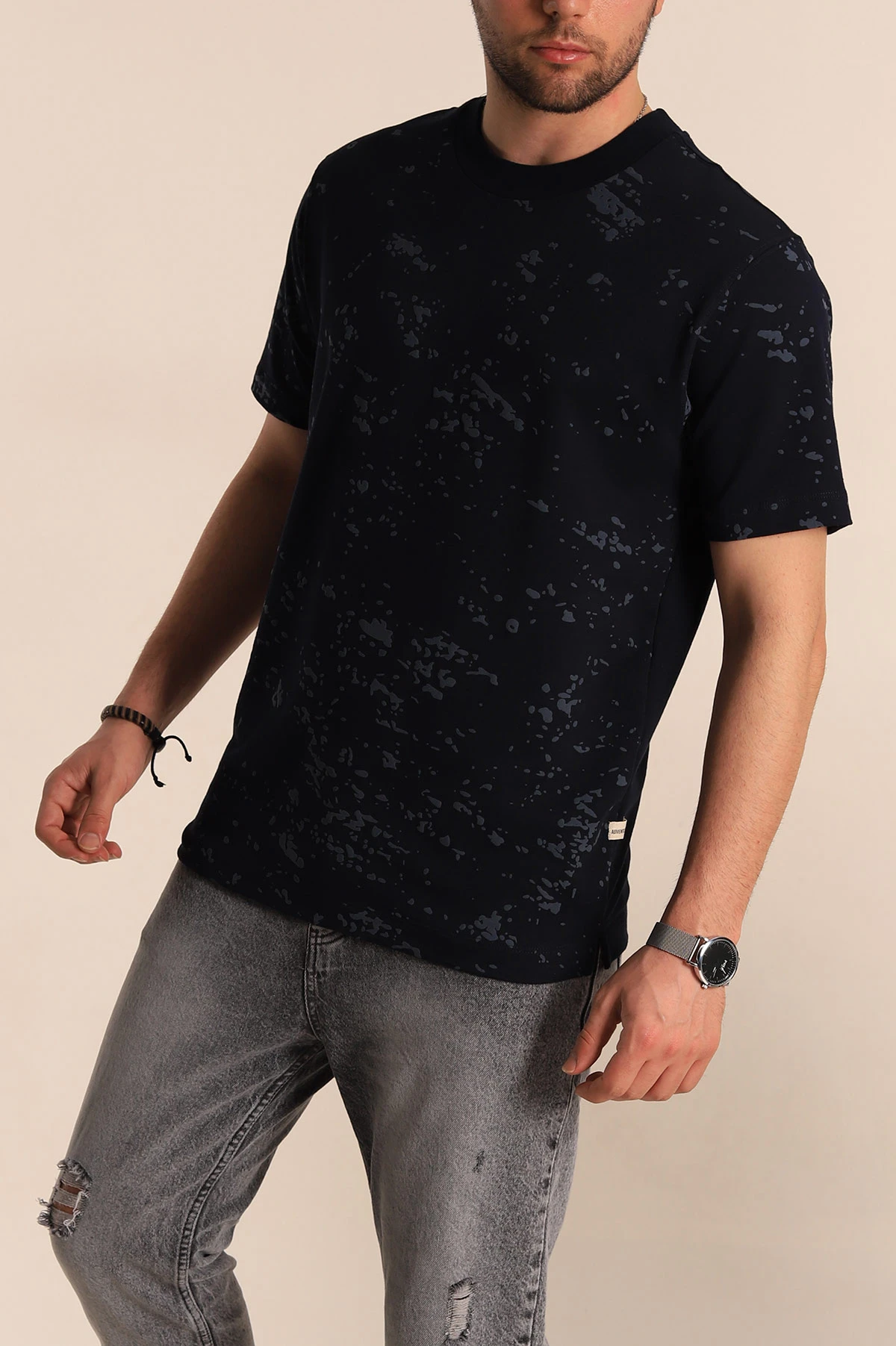 Lacivert Relaxed Fit Sprey Baskılı Erkek Tişört 261623
