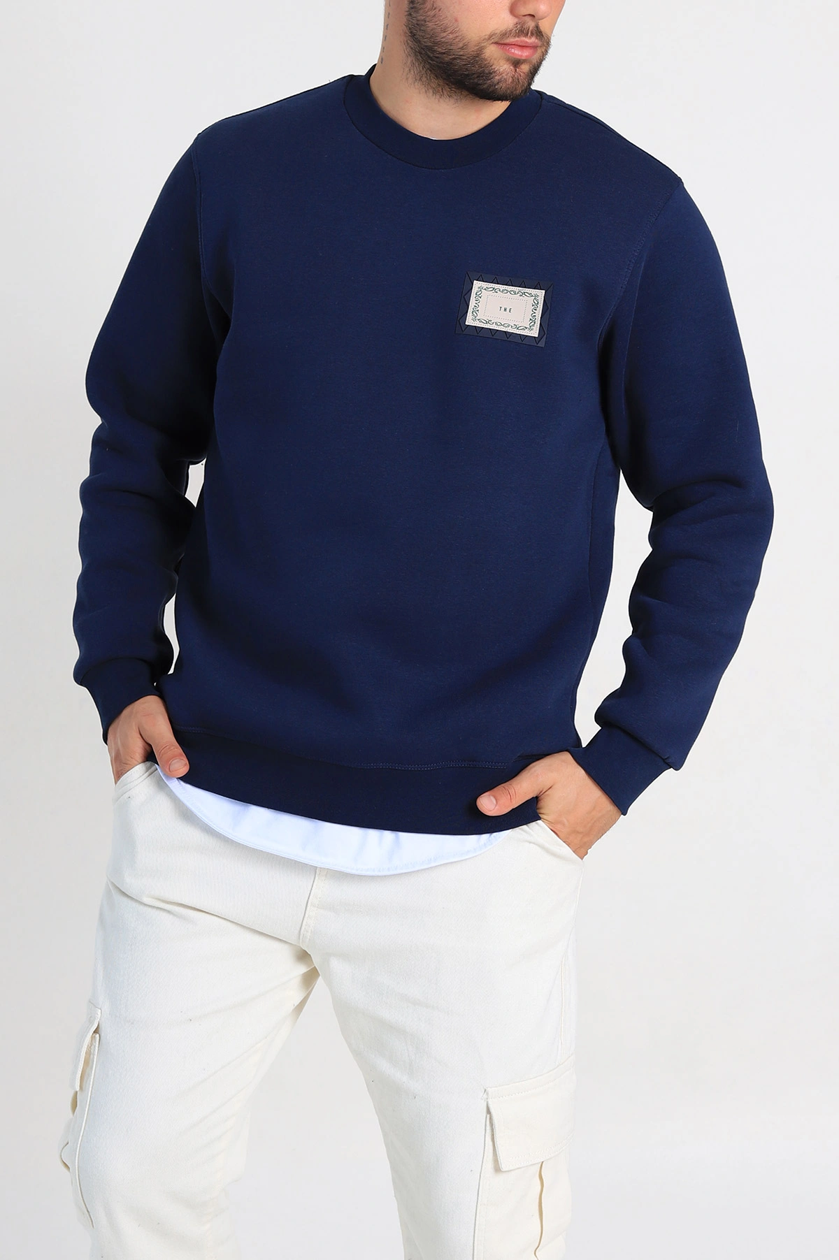Lacivert Relaxed Fit Üç İp Şardonlu Baskılı Erkek Sweatshirt 309654