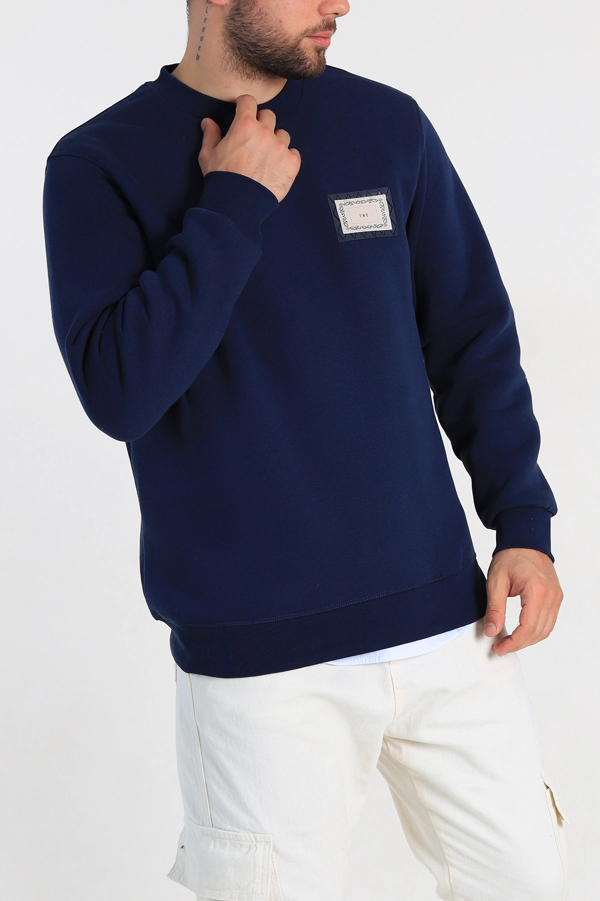 Lacivert Relaxed Fit Üç İp Şardonlu Baskılı Erkek Sweatshirt 309654