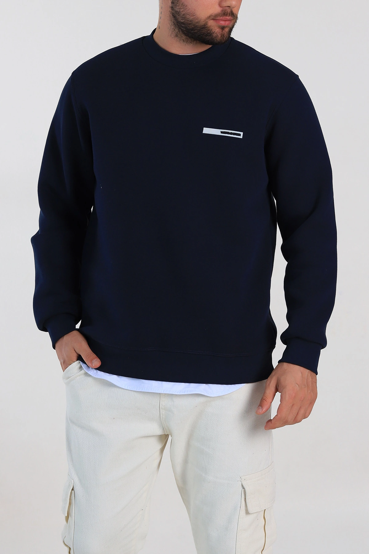 Lacivert Relaxed Fit Üç İp Şardonlu Kabartma Detaylı Erkek Sweatshirt 309901