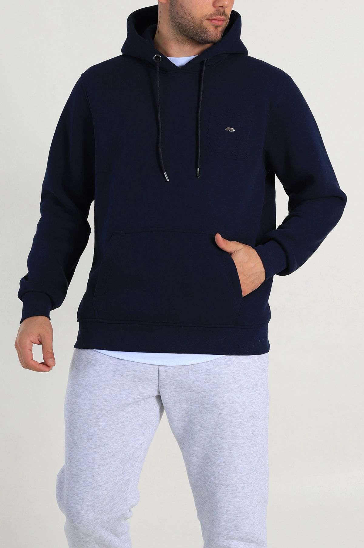 Lacivert Relaxed Fit Üç İp Şardonlu Kabartma Detaylı Erkek Sweatshirt 311125