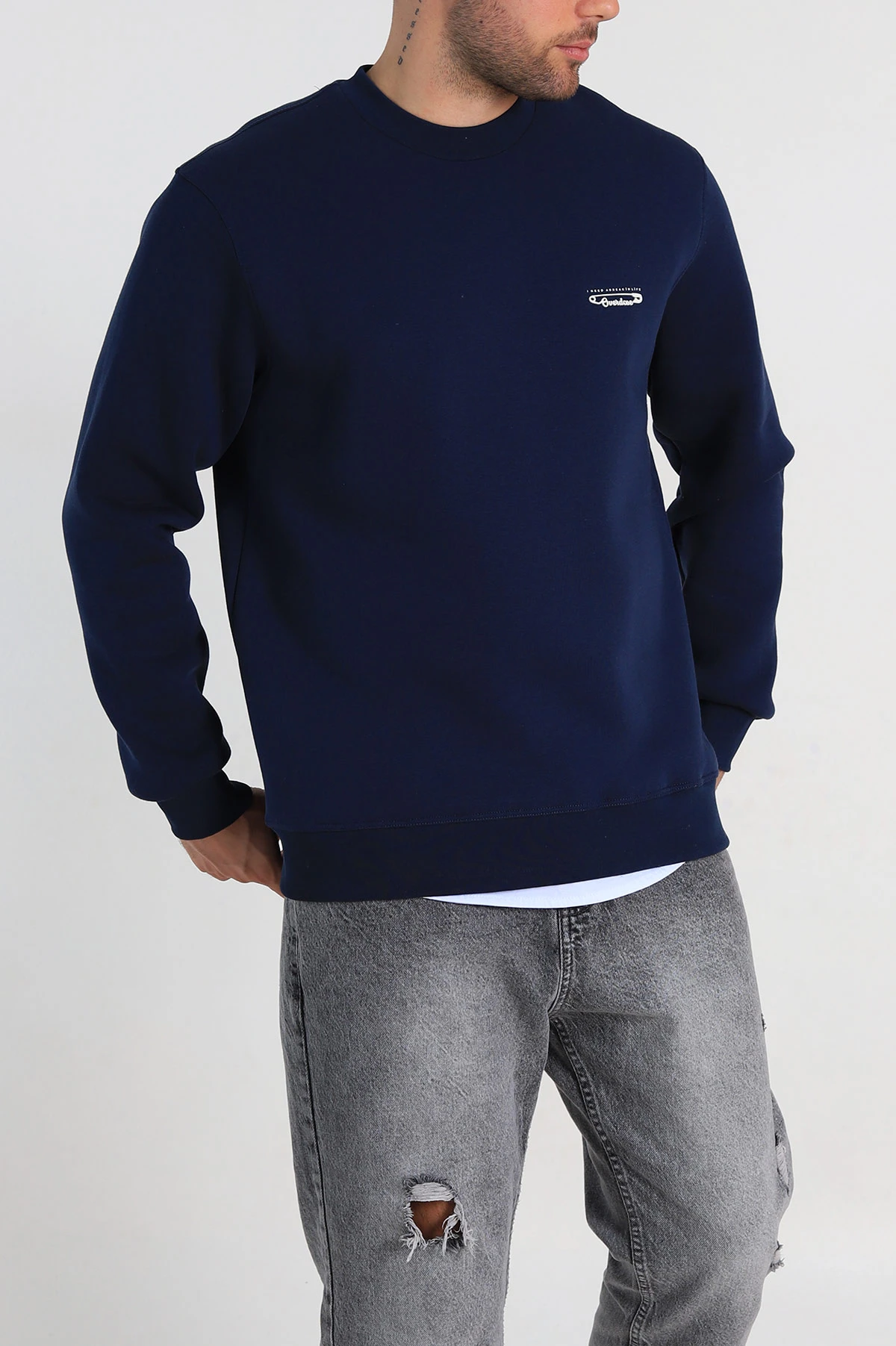 Lacivert Relaxed Fit Üç İp Şardonlu Kabartma Yazı Detay Erkek Sweatshirt 310406
