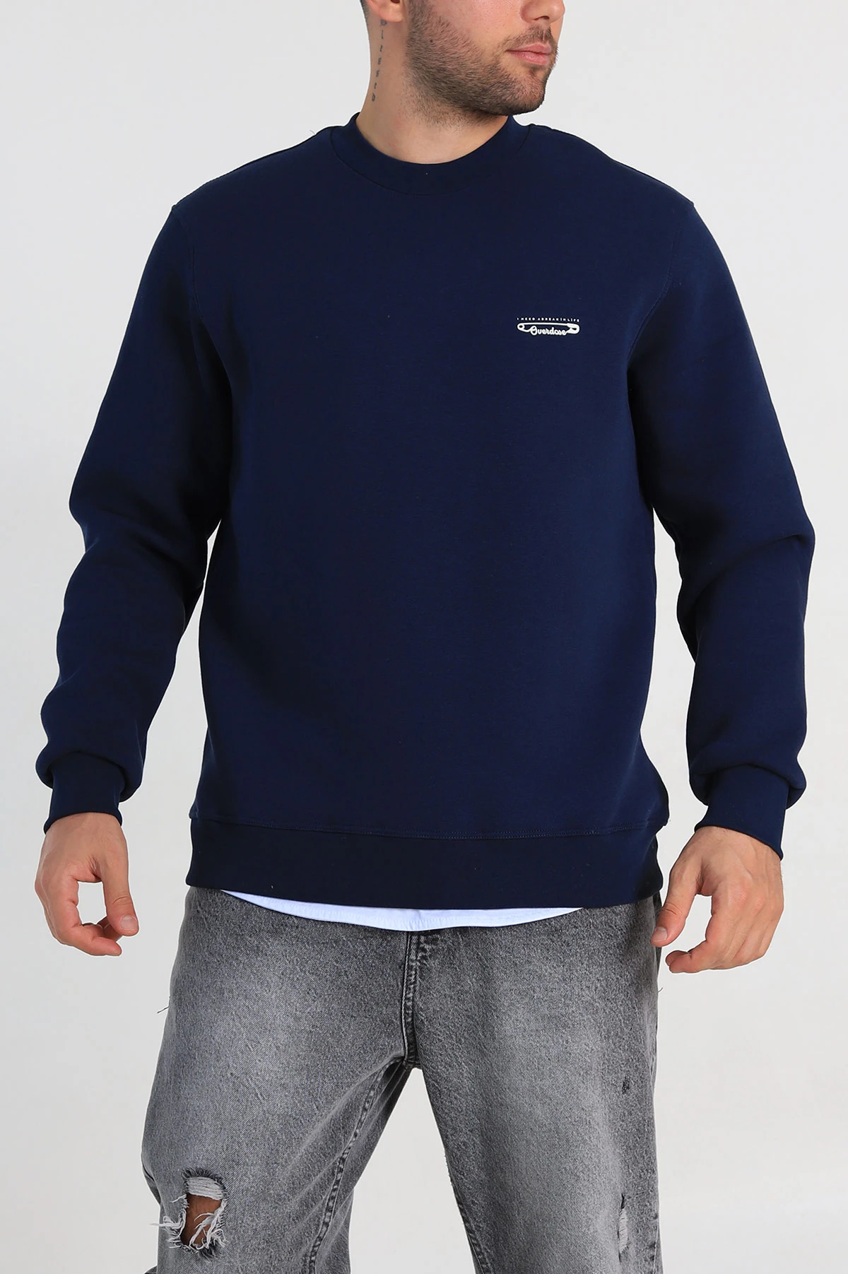Lacivert Relaxed Fit Üç İp Şardonlu Kabartma Yazı Detay Erkek Sweatshirt 310406