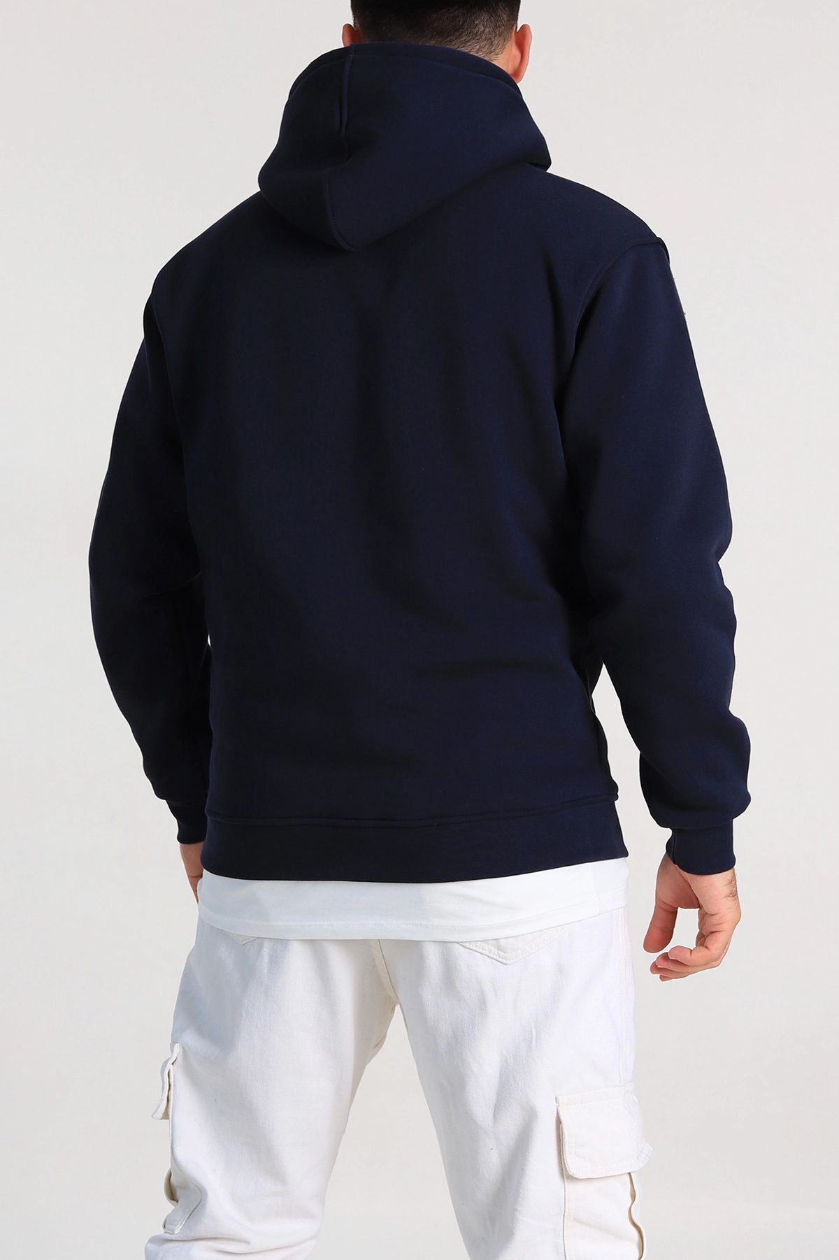 Lacivert Relaxed Fit Üç İp Şardonlu Kapüşonlu Basic Erkek Sweatshirt 333115