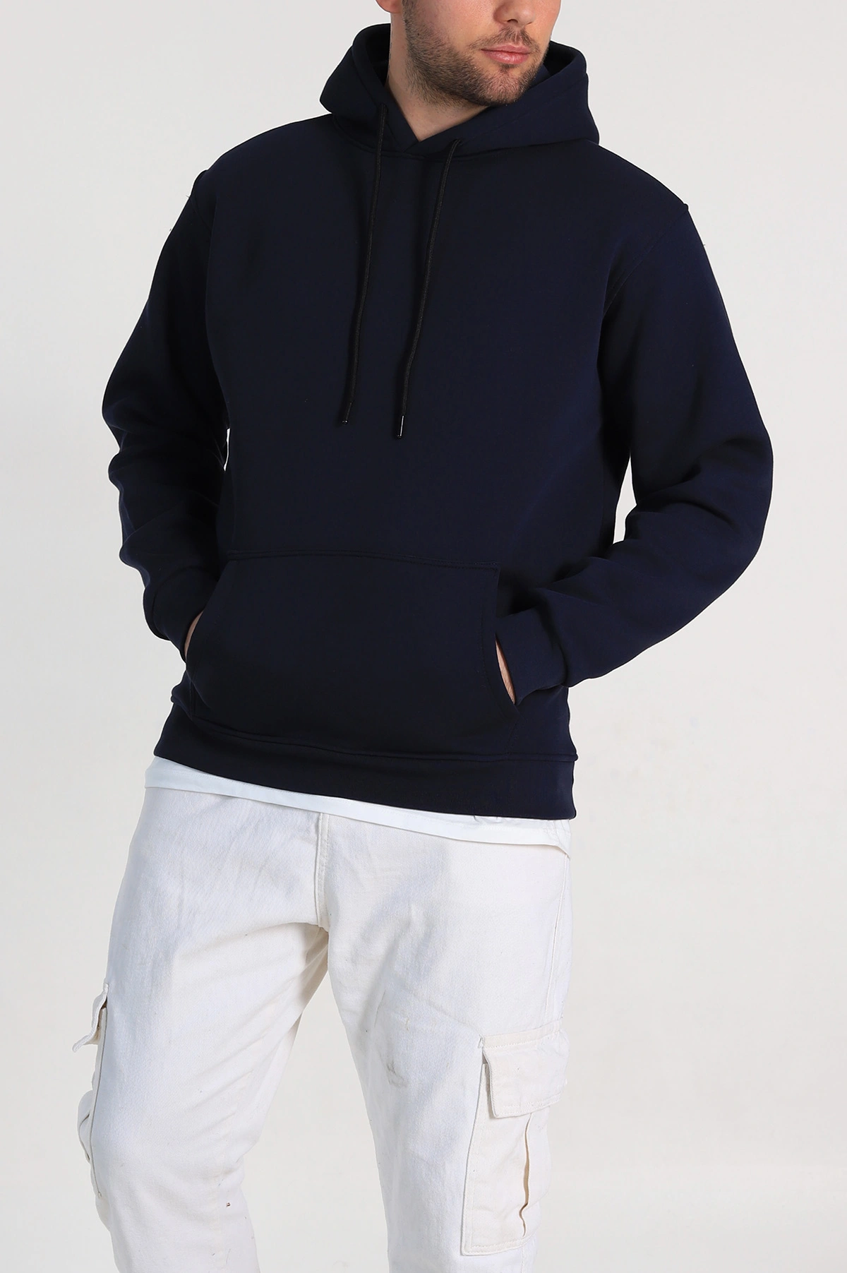 Lacivert Relaxed Fit Üç İp Şardonlu Kapüşonlu Basic Erkek Sweatshirt 333115
