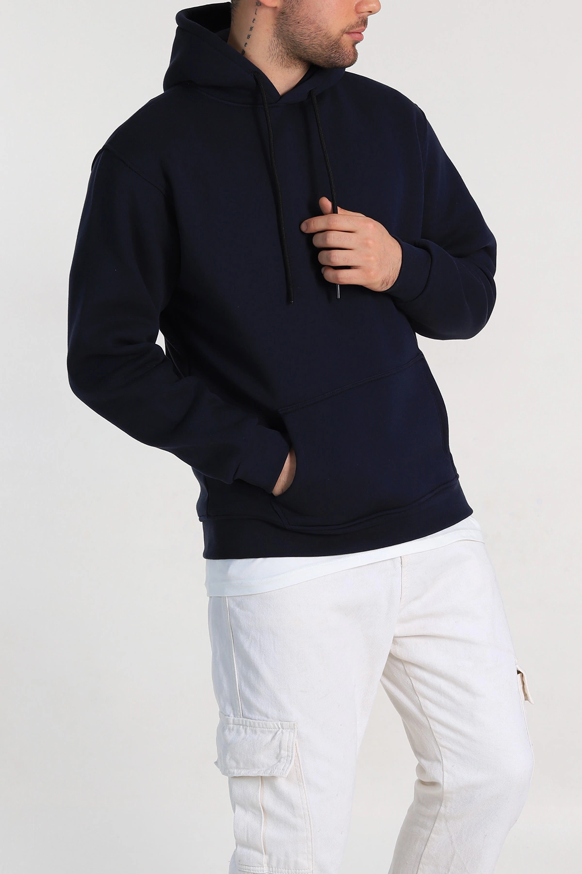 Lacivert Relaxed Fit Üç İp Şardonlu Kapüşonlu Basic Erkek Sweatshirt 333115