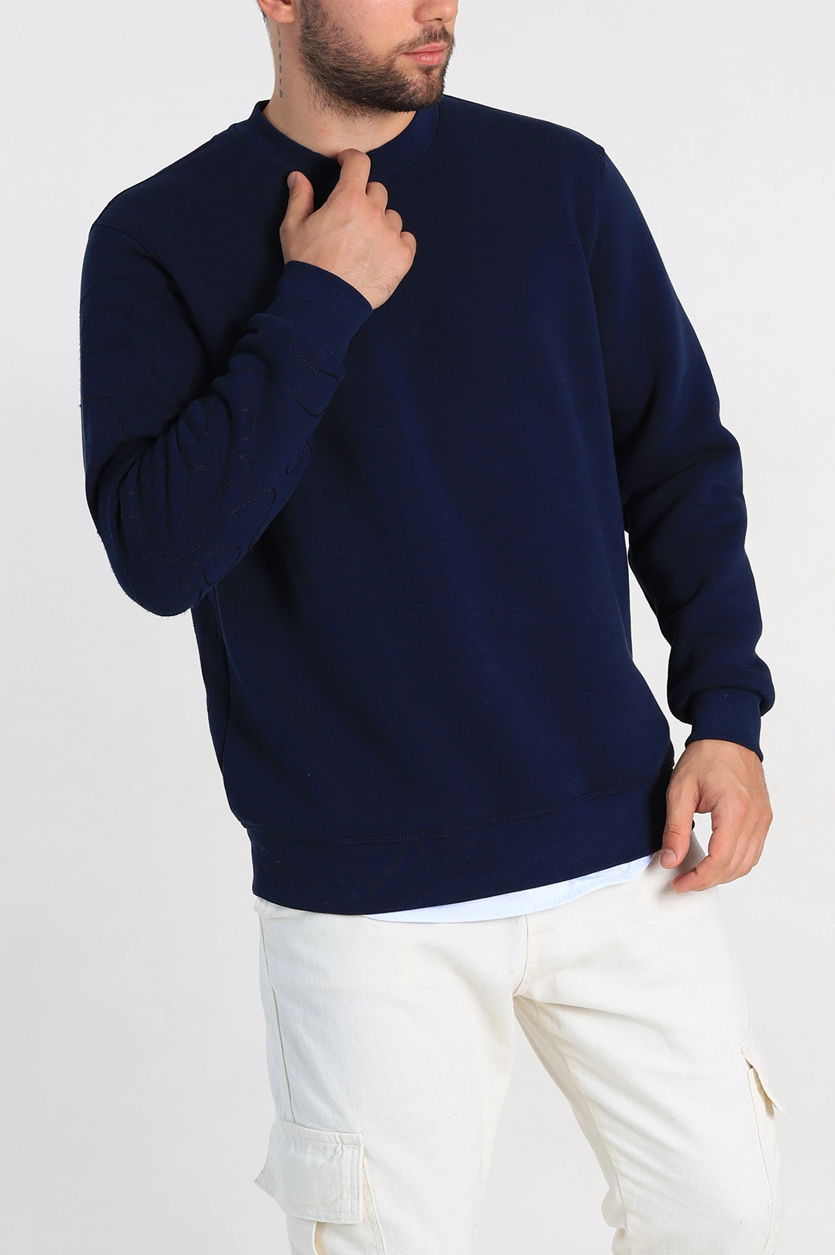 Lacivert Relaxed Fit Üç İp Şardonlu Kol Detaylı Erkek Sweatshirt 309954