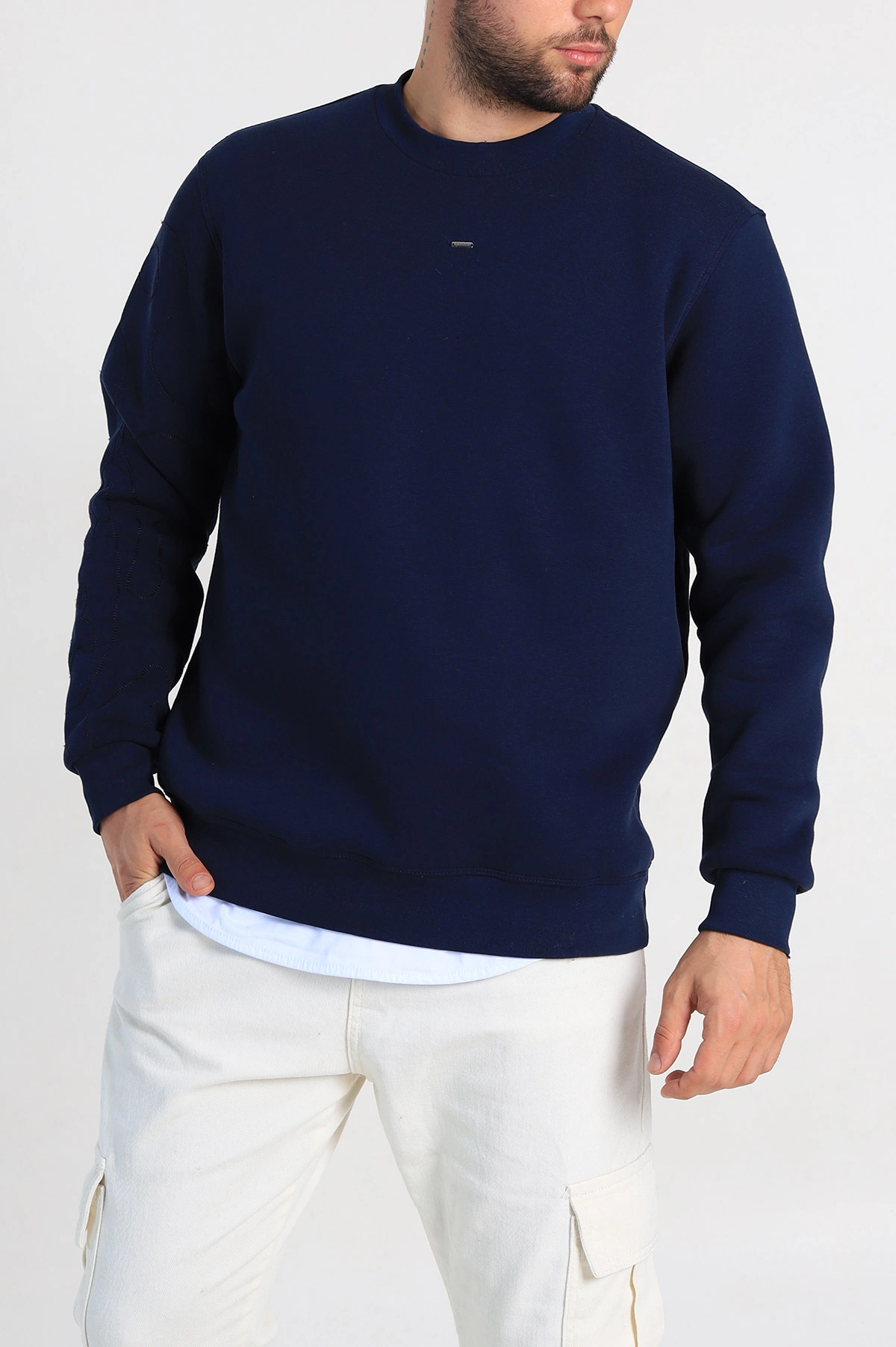 Lacivert Relaxed Fit Üç İp Şardonlu Kol Detaylı Erkek Sweatshirt 309954